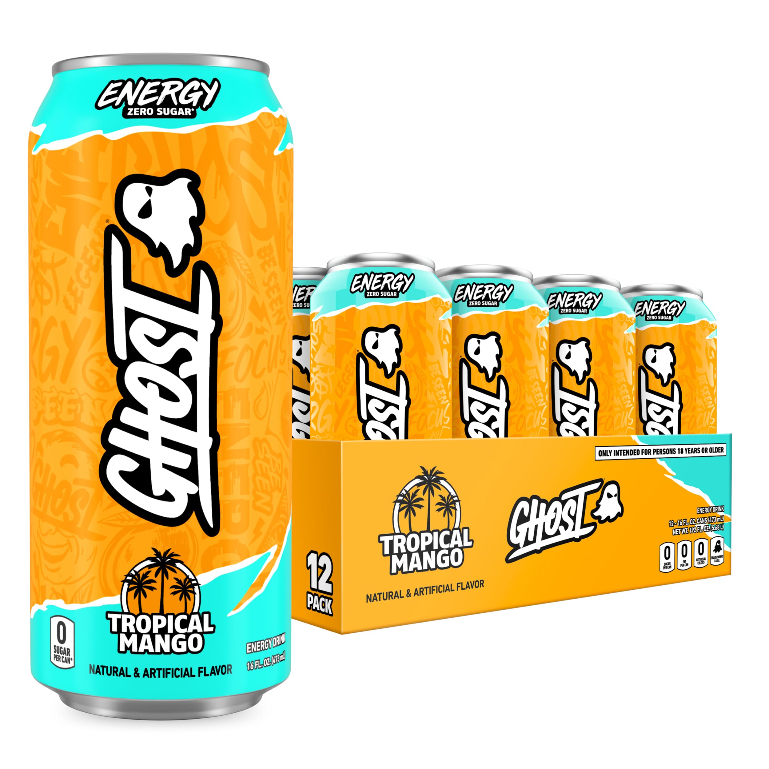ENERGY Sugar-Free Energy Drink - 12-Pack, Tropical Mango, 16oz Cans - Energy & Focus & No Artificial Colors - 200mg of Natural Caffeine, L-Carnitine & Taurine - Soy & Gluten-Free, Vegan?
