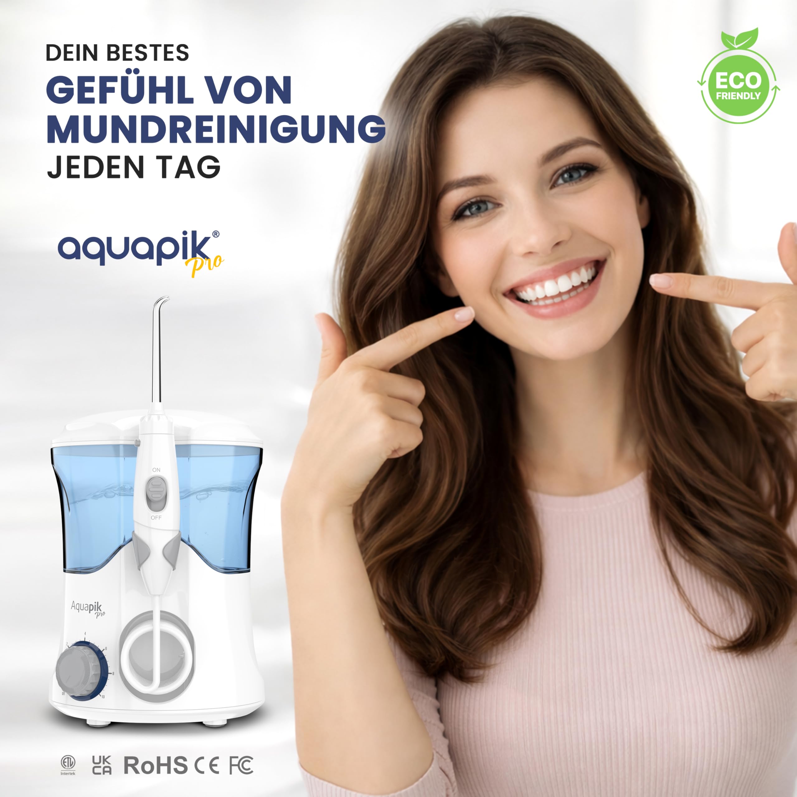 Munddusche Aquapik PROfessionelle mit Precision Pulse Technologie - 10 Druckstufen und 8 Aufsätzen, für Zahnspangen, Implantate, empfindliches Zahnfleisch und die tägliche Mundpflege