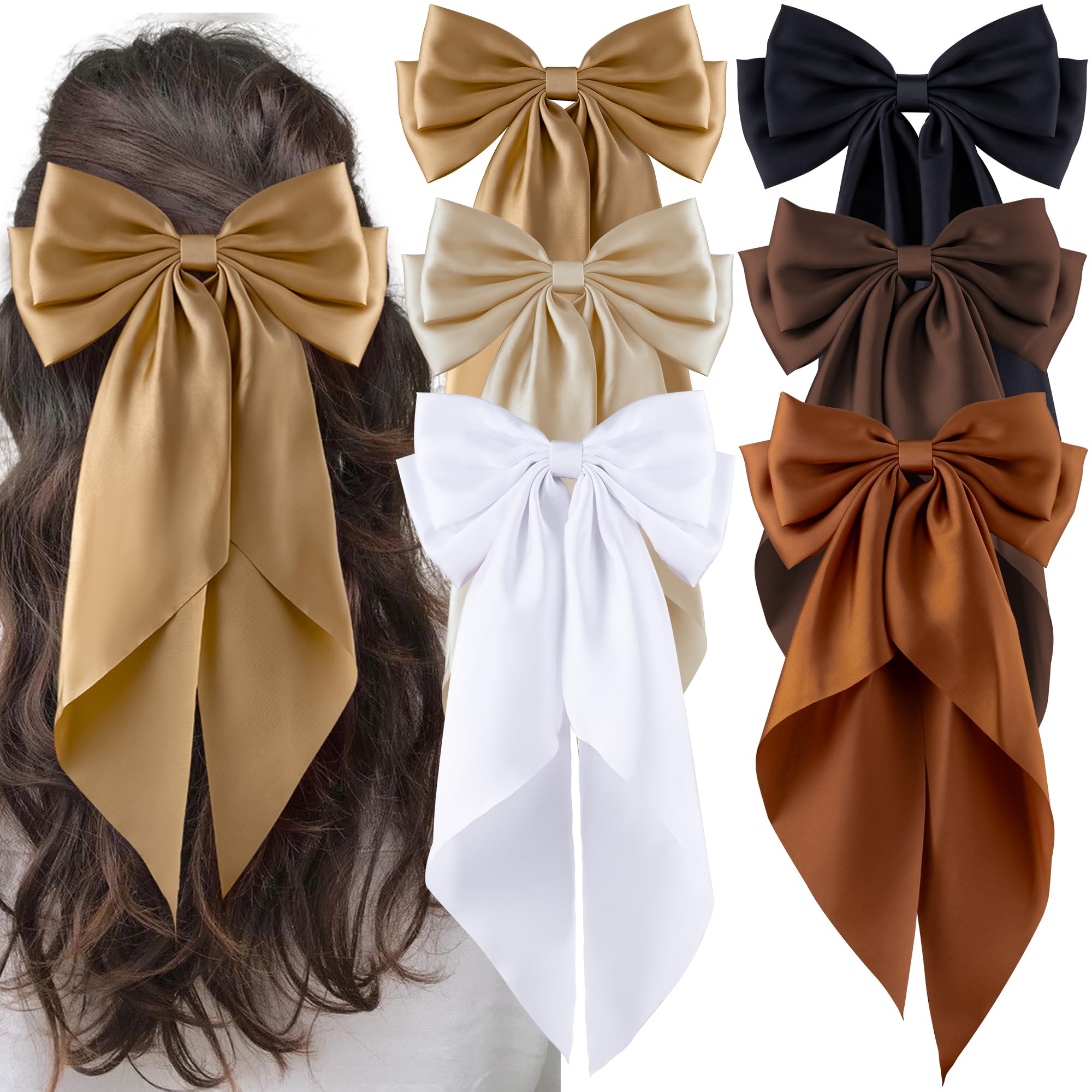 hisial 6Pcs Large Bows Hair Clips for Women Girls Long Tail Hair Ribbon Silky Satin Barrettes Coquette Bows Accessories (Black/khaki/Brown/White)