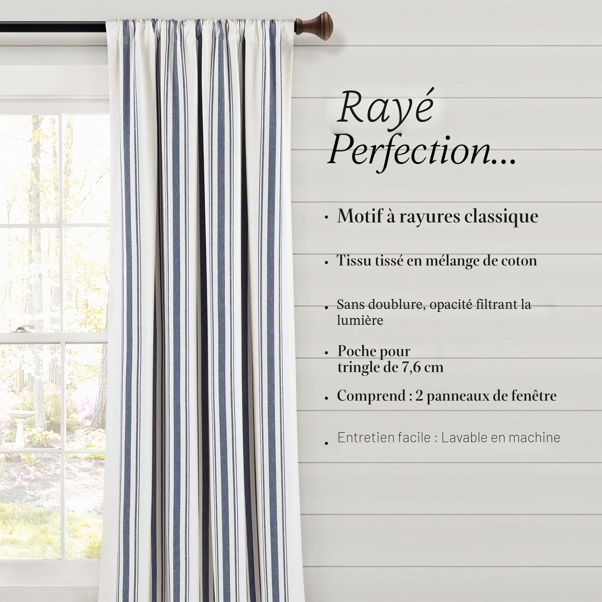 Lush Decor Paire de Rideaux de fenêtre en Coton Teint à Rayures de Style Ferme, 106,7 cm de Large x 213,4 cm de Long, Bleu Marine – Charme Rustique Moderne Classique – Tissu en Coton respectueux de