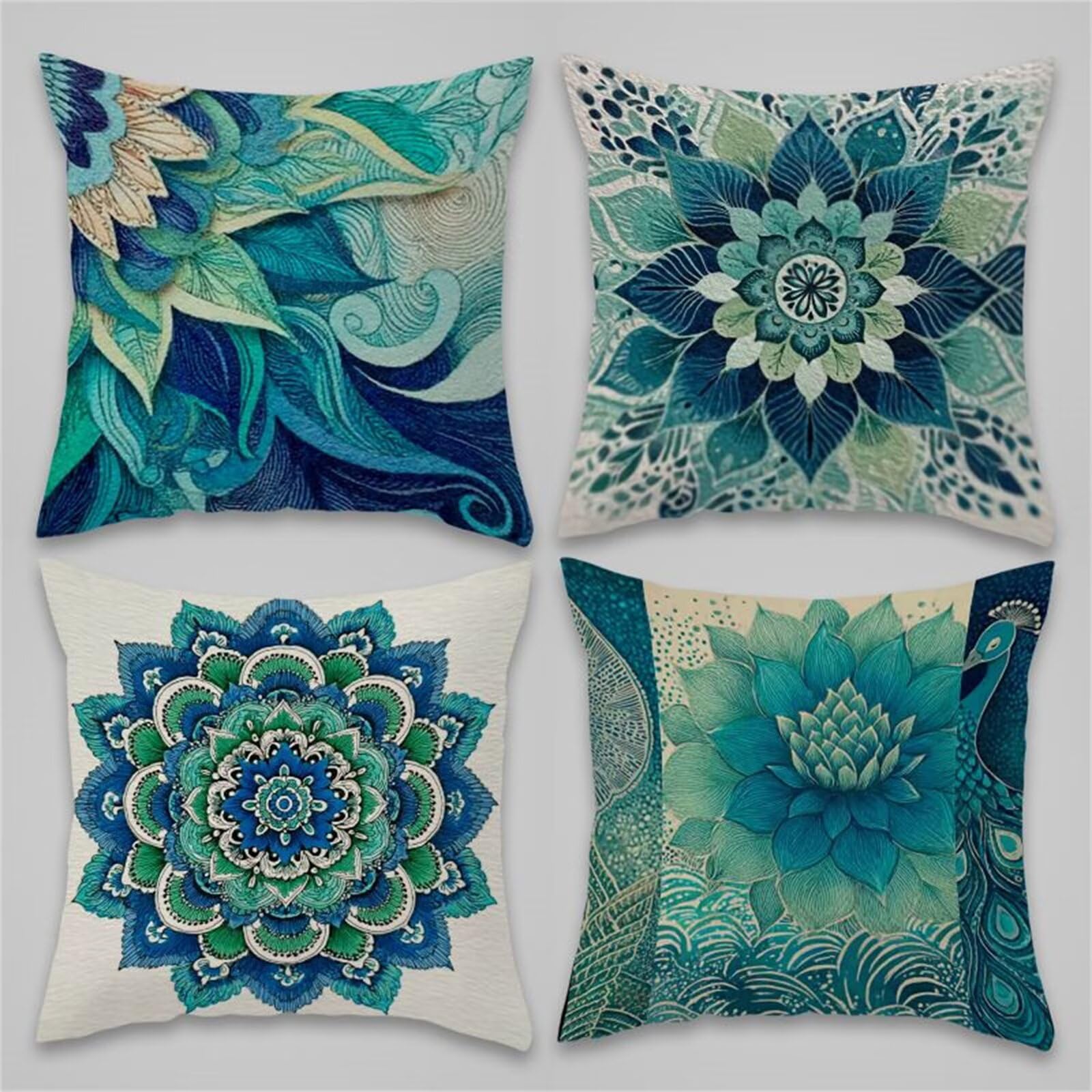 QiHon Mandala Green Cushion Covers 30x30 cm Set of 4, Decorative Throw Pillow Cases, 12x12 inch Square Linen Pillowcases for Sofa Living Room Bedroo