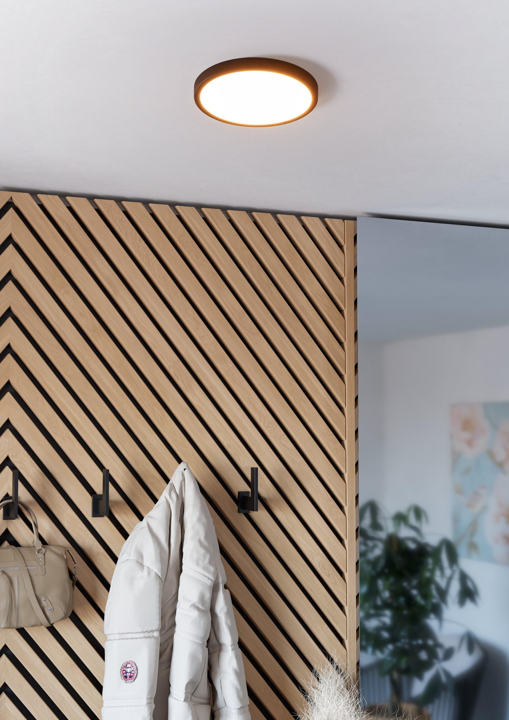 EGLO LED Deckenlampe Campaspero 2, extra-flache Deckenleuchte, runde Lampe Decke Badezimmer, Badlampe aus Kunststoff in Schwarz, neutralweiß, IP44, Ø 29,5 cm