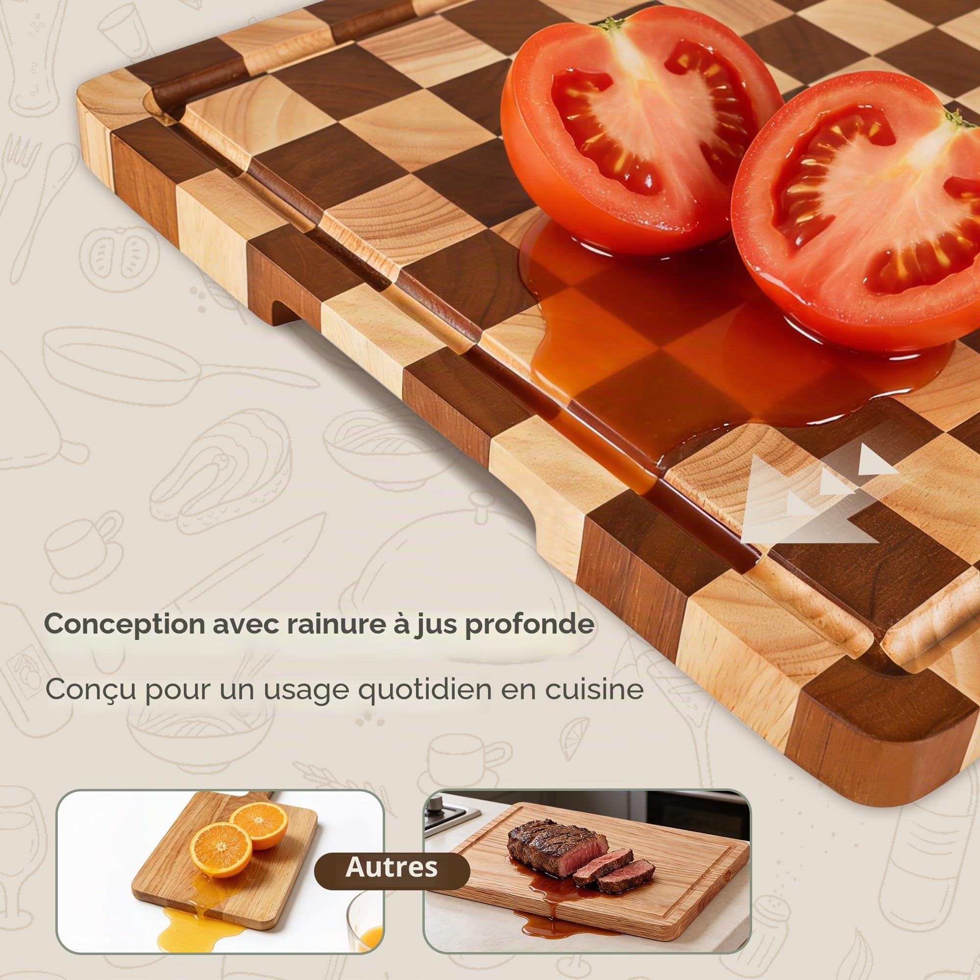 Planche à Découper en Bois Motif Damier, Lot de 3 avec Support, Planches à Découper avec Rainure d'Écoulement et Poignée, pour Viande, Légumes et Fromage