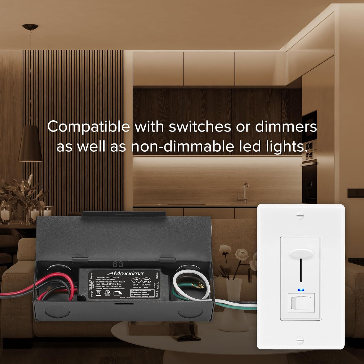 Maxxima Dimmable LED Driver 96W Power Supply 120 VAC to 24 VDC Transformer, Compatible with Dimmers and Switches for LED Lighting, Mountable AC to DC Converter, Class 2, ETL Certified