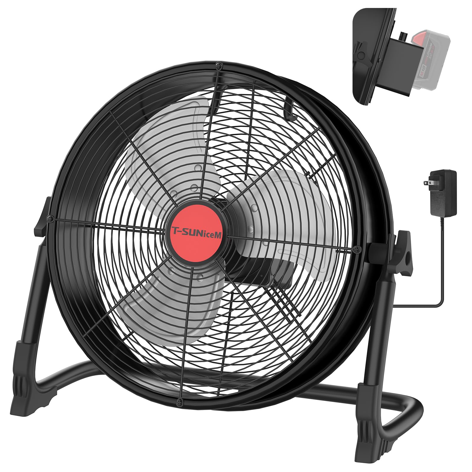 16" Battery Operated Floor Fan for Milwaukee M18 18V Battery, Portable Fan with AC Adapter and USB Output, Metal Industrial High Velocity, Stepless Speed Cordless Fan for Jobsite Garage Camping Shop