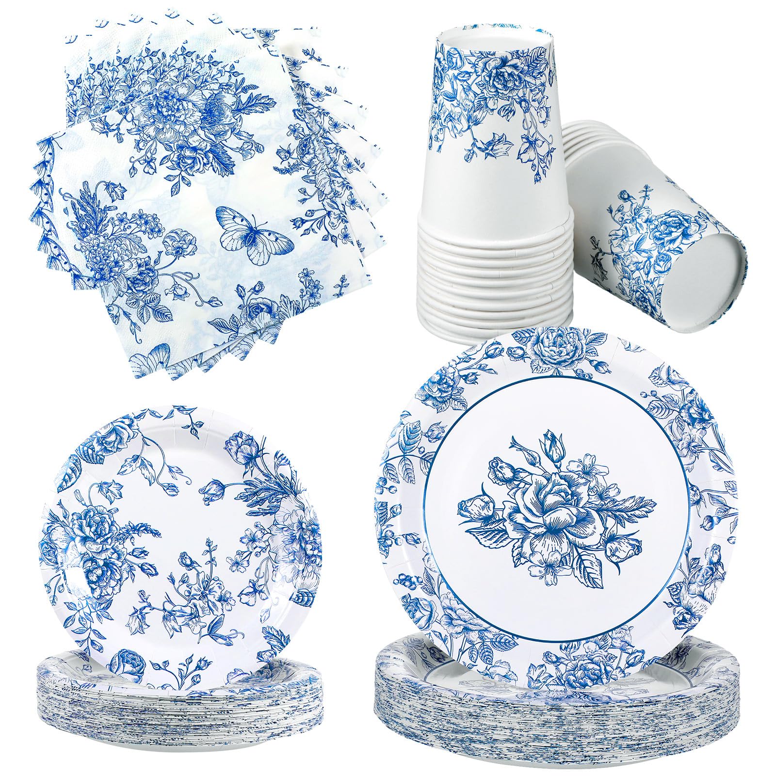 200 Piece Blue and White Floral Disposable Tableware Set Serves 50 Guests Peony Chinese Traditional Floral Paper Plates Napkins Cups Flower Dinnerware for Bridal Baby Shower Wedding Chinese