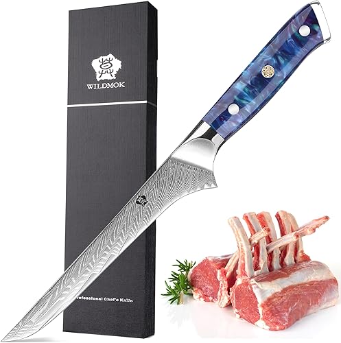 Miniatura 1 de WILDMOK Cuchillo para deshuesar de Damasco, cuchillo de filete súper afilado de 7 pulgadas, cuchillo japonés de acero de Damasco, mango de resina de