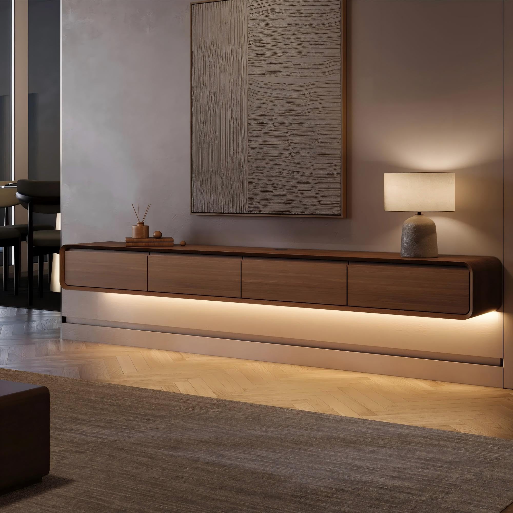 POVISON TV Cabinet Floating 240 cm Modern with LED Solid Wood with 4 Drawers TV Lowboard Hanging with Cable Management Complete Furniture with Storage Space for Living Room