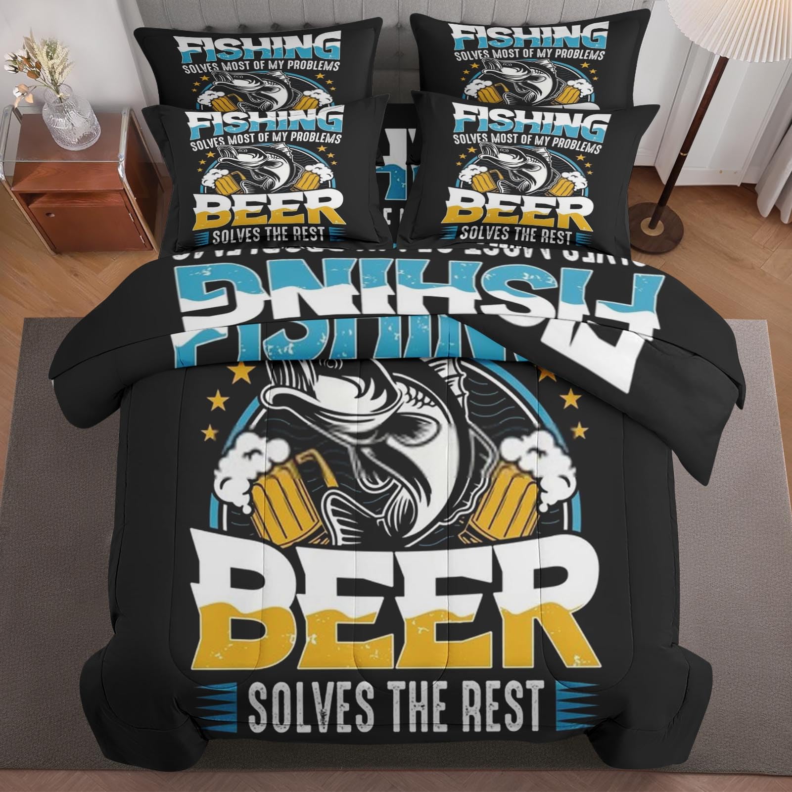 7 Pcs Comforter Set Queen Size, Fishing My Beer Bed in a Bag with Flat Sheet and Fitted Sheet for Kids and Adults, Fish Vintage Sea Bedding Set with Pillowcases & Shams