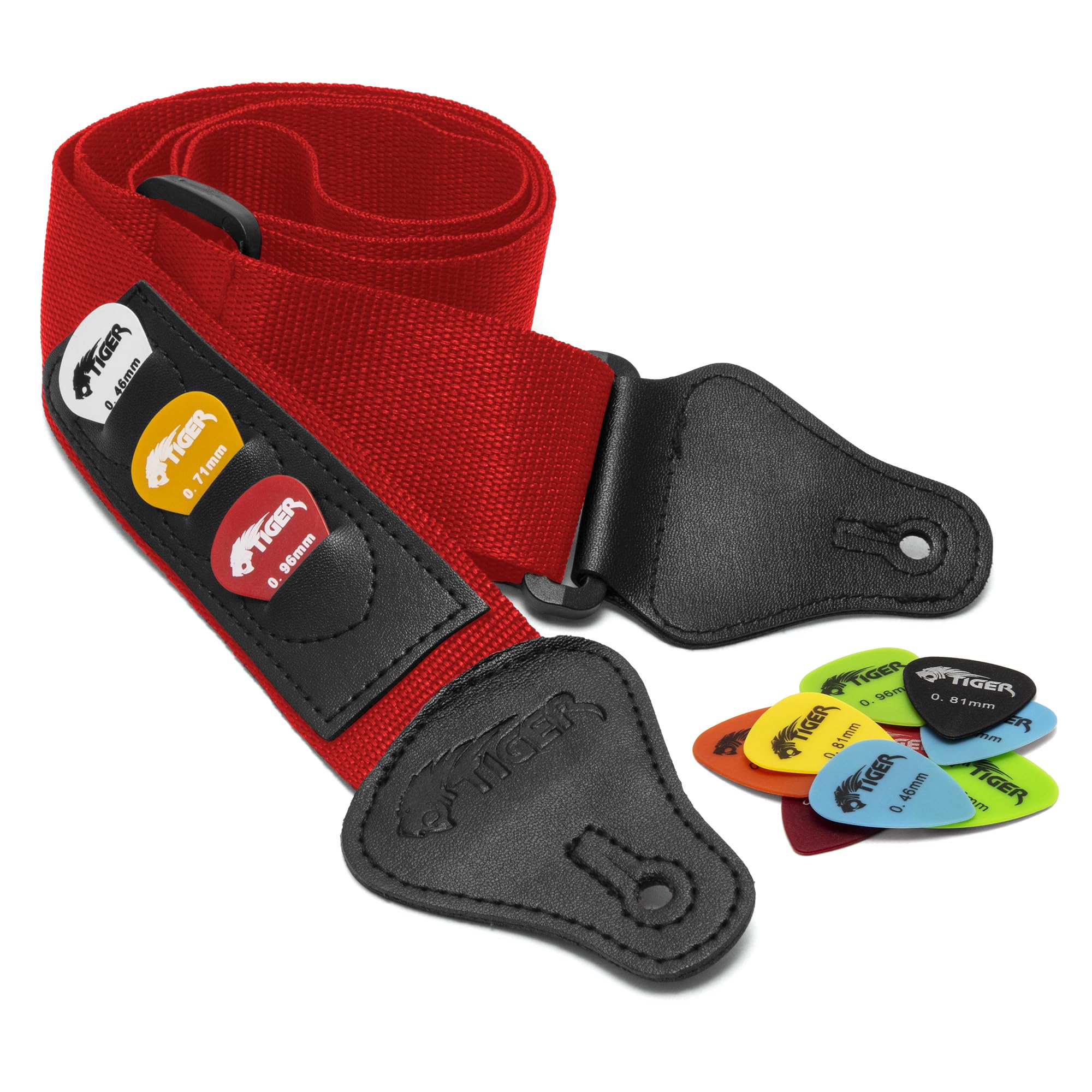 Tiger Red Guitar Strap and 12 Free Picks