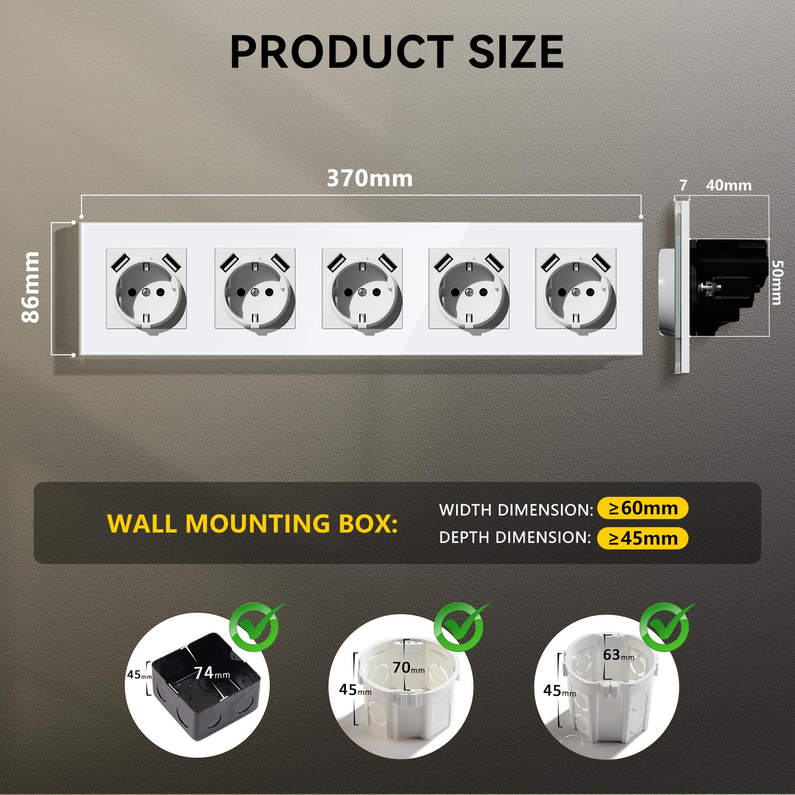 gniazdo Schuko z USB-A podtynkowe 86 * 370mm, gniazdo EU 16A z ramką ze szkła, 2 USB typu F z uziemieniem, łatwa instalacja (zaczepy składane), 5-funkcyjne białe