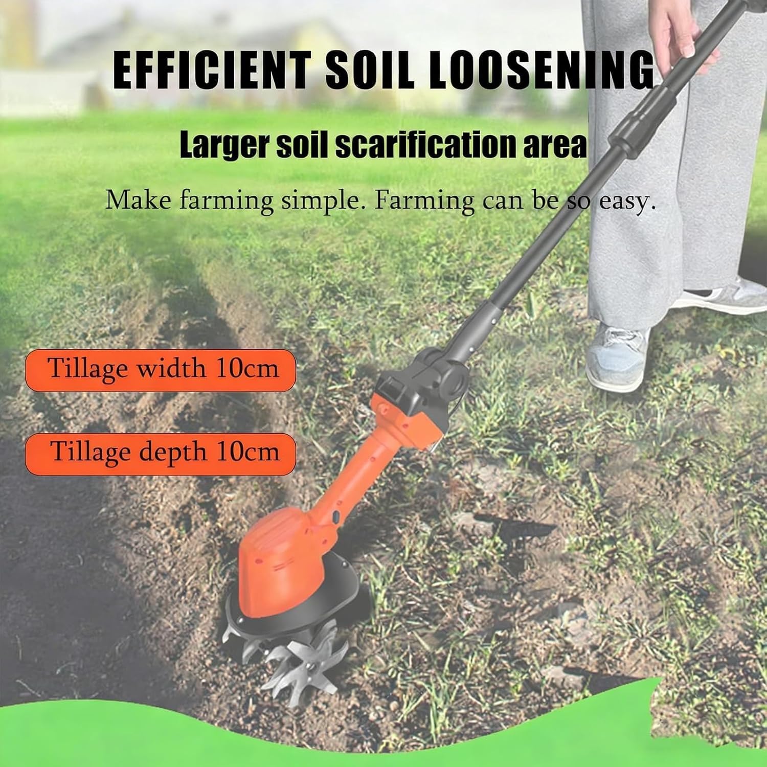 Motobineuse électrique sans Fil portative, 235 TR/Min, cultivateur de Sol de Jardin électrique avec Poteau télescopique, Largeur de Travail de 10 cm et Profondeur de labourage de 10 cm(1 Battery)