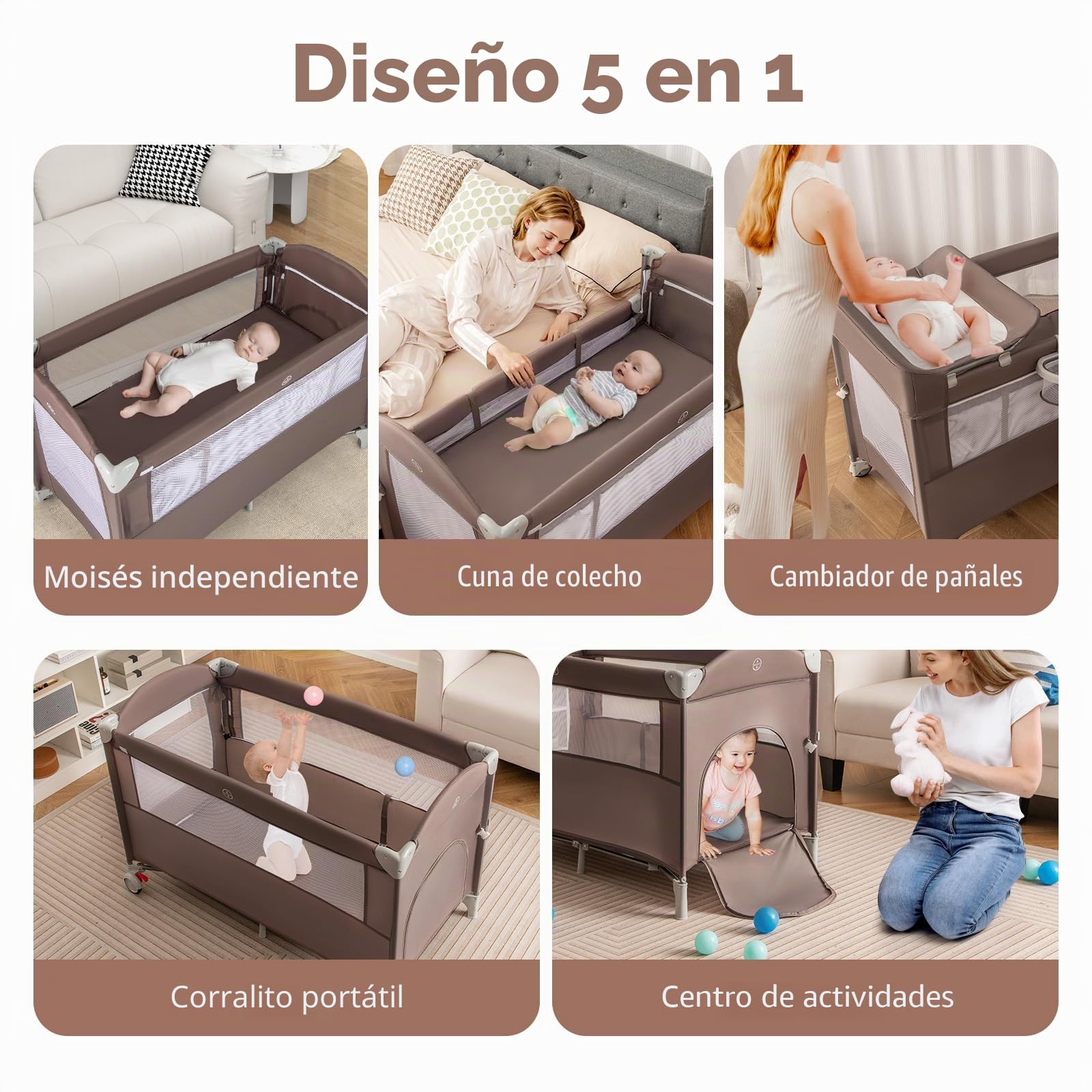 LIFEZEAL Cuna Plegable para Bebé, Cuna Cama para Bebé con Cambiador, Cuna de Viaje con Arco de Juegos y Campanas Musicales, Cuna Móvil con Bolsa de Almacenaje, para 0-36 Meses (Café)
