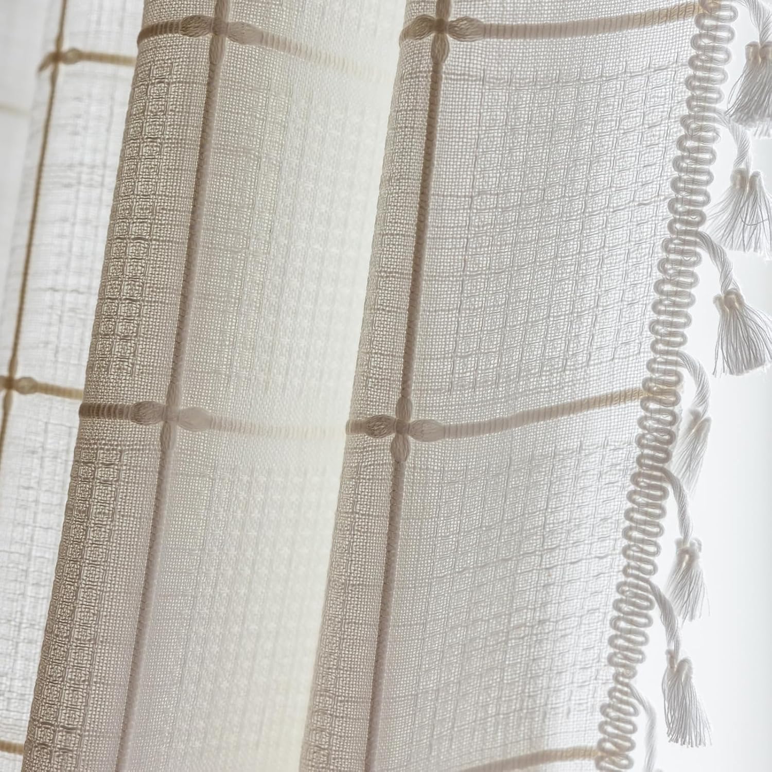 ROOMLIFE White Jacquard Boho Curtains for Living Room 63 Inch Length 2 Panels,Farmhouse French Country Semi Sheer Light Filtering Vintage Rustic Decor Drapes Window Treatments (Rod Pocket,52" Wx63 L)