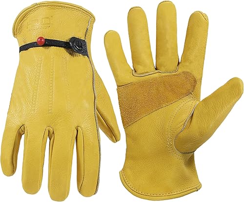 Miniatura 7 de HLDD HANDLANDY Guantes de trabajo de cuero para hombres y mujeres, guantes de jardinería ajustables de piel de vaca con palma reforzada para