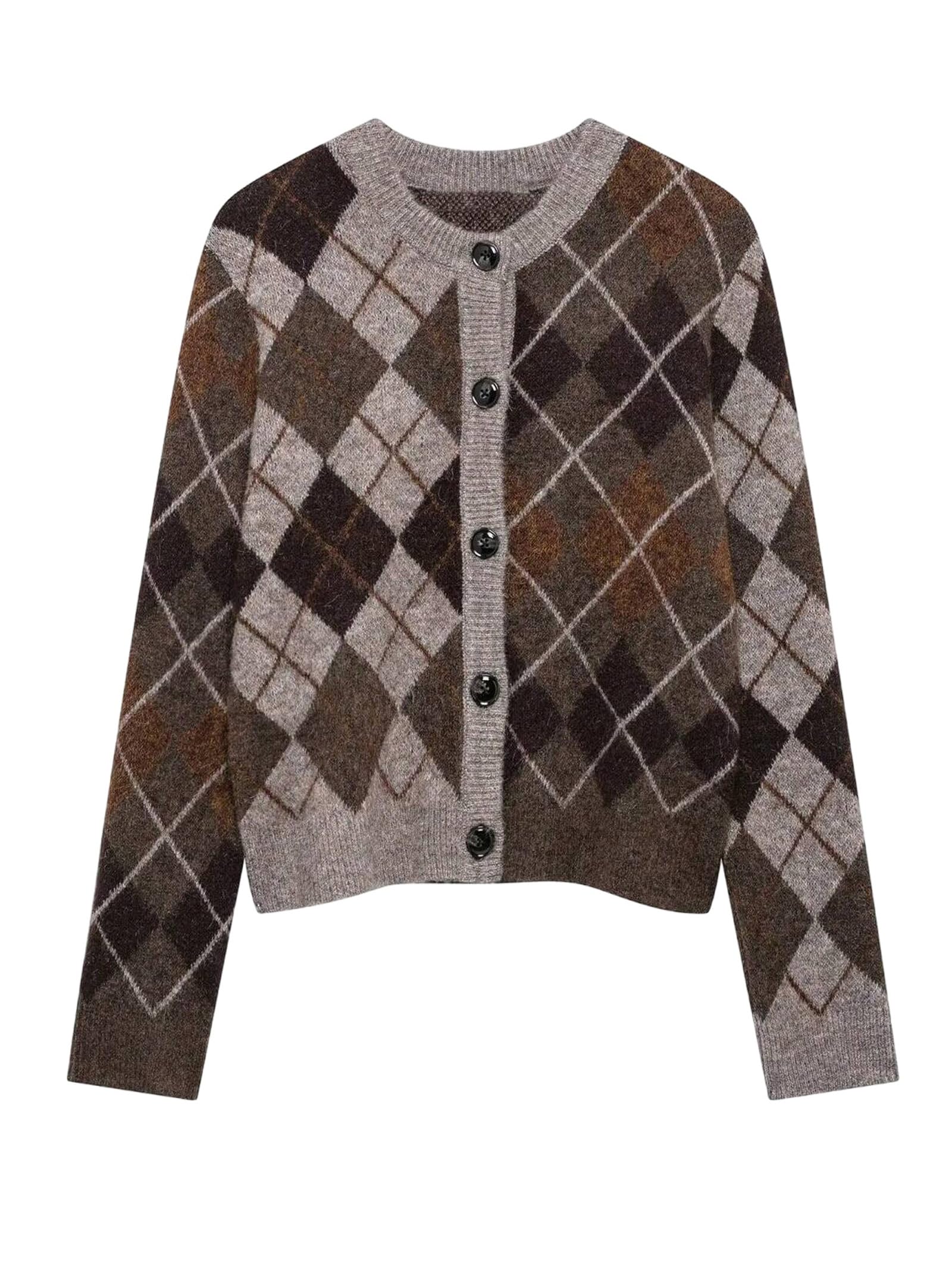 GORGLITTER Womens Argyle Cardigan Sweaters Plaid Long Sleeve Button Down Preppy Knitted Outerwear