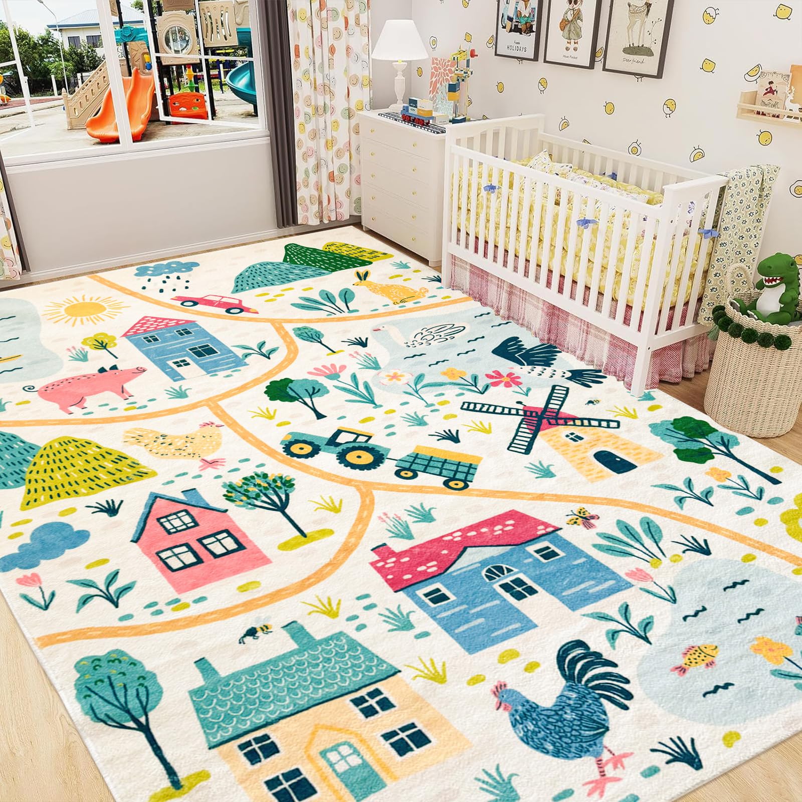 Lacomfy Kids Rug Play Mat 5x8Ft Farm Animal Carpet for Bedroom Playroom Classroom, Boys Girls Road Car Area Rug for Vehicles, Indoor Educational Decor