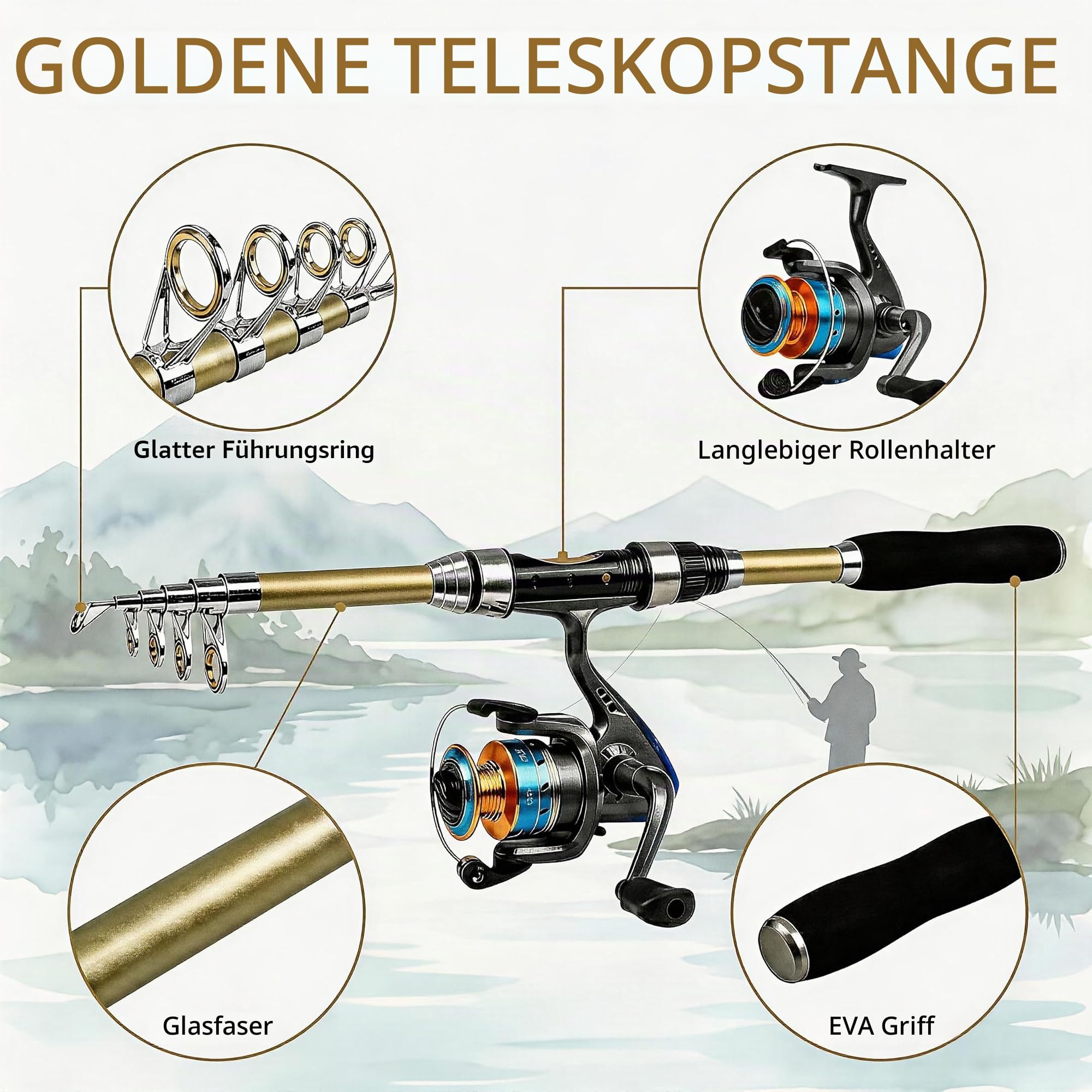 Teleskop Angelrute Set mit Rolle, Spinnrute aus Fiberglas, Angelset komplett mit Angelschnur, Köder und Tragetasche, tragbares Reise Angelset für Süß- & Salzwasser (1.8M)