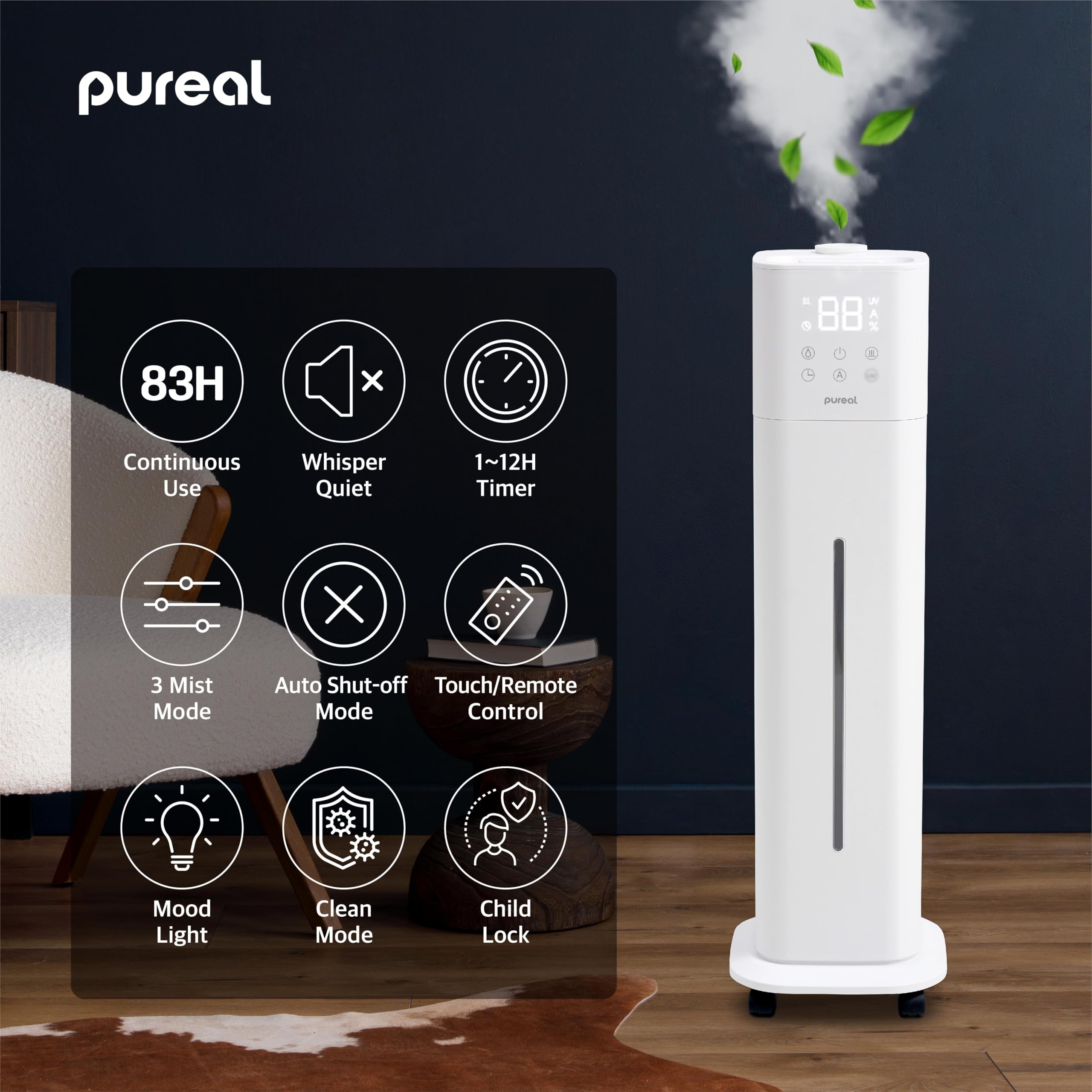 Pureal Humidificador de torre, 2.6 galones (10 L) sobre ruedas, niebla cálida y fría de 3 etapas, dura 83 horas, habitación grande con luz ambiental, ajuste de humedad, temporizador de 12 horas