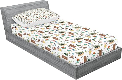 Miniatura 2 de Ambesonne Juego de sábanas bajeras y fundas de almohada, estilo de dibujos animados alegres animales del bosque como oso, topo, ciervo, conejo y