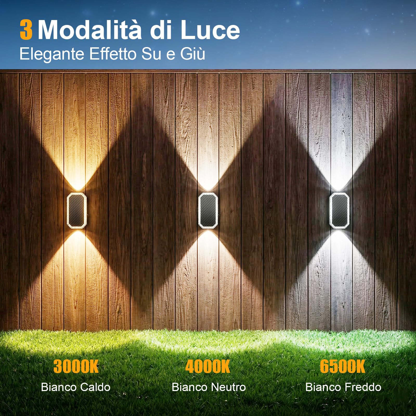 4 Pezzi Lampada Solare da Esterno Alto e Basso, Applique Solare 3 Modalità IP65 Impermeabile, Faretti Lampade Luci Solari da Esterno Giardino Parete Muro Luce Calda Fredda, 3000K/4000K/6500K