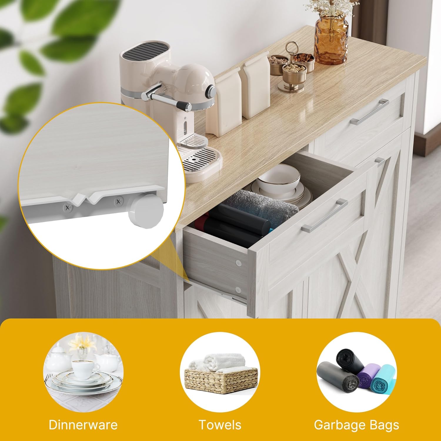 DWVO Double Tilt Out Trash Can Cabinet 20 Gallon, Kitchen Hidden Garbage Can Cabinets with 2 Drawers, Laundry Hamper Cabinet, Off White