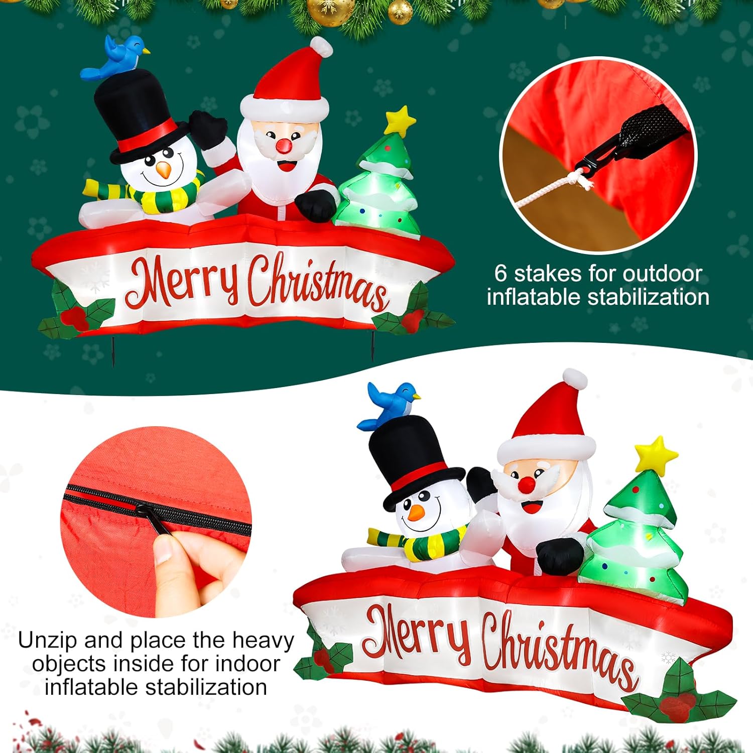 WorTade 8ft Christmas Inflatables Banner Outdoor Decorations + 6ft Inflatable Snowman Santa Claus Christmas Blow Up Yard Decorations with Build-in LEDs Christmas Inflatable Decoration for Yard