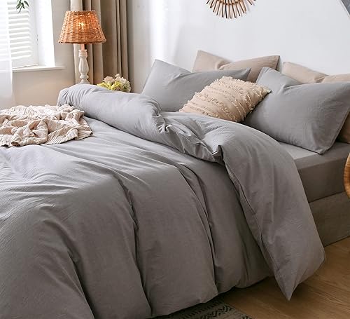 Miniatura 2 de MooMee Juego de funda de edredón 100% algodón lavado con textura parecida al lino transpirable duradero suave cómodo (gris claro, matrimonial)
