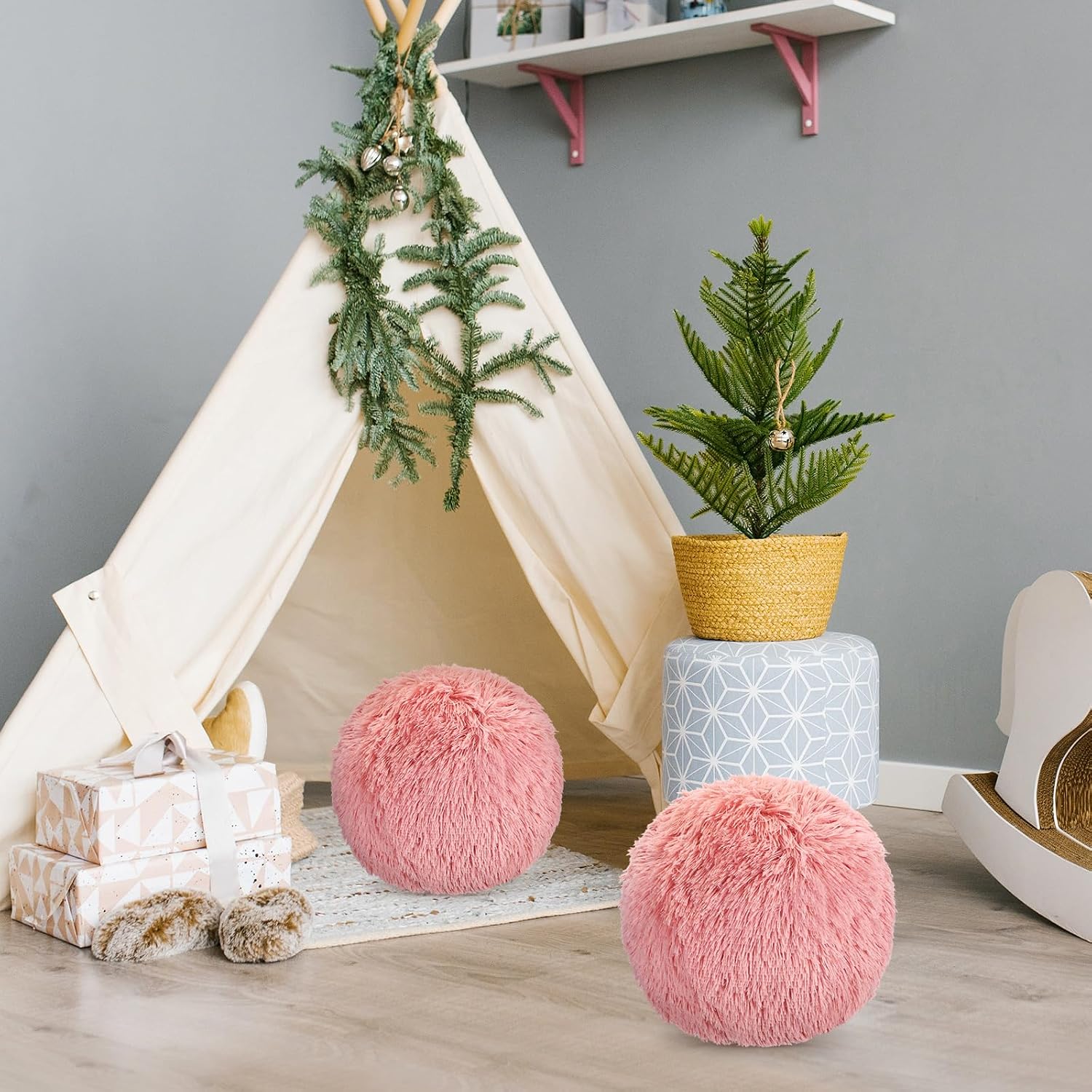 2 Pack Plush Round Ball Throw Pillow 10 Inch Nordic Soft Boucle Pillows Spherical Fuzzy Pillows Circle for Couch Sofa Bed Bedroom Living Room Office School Chair Decorations(Pink)