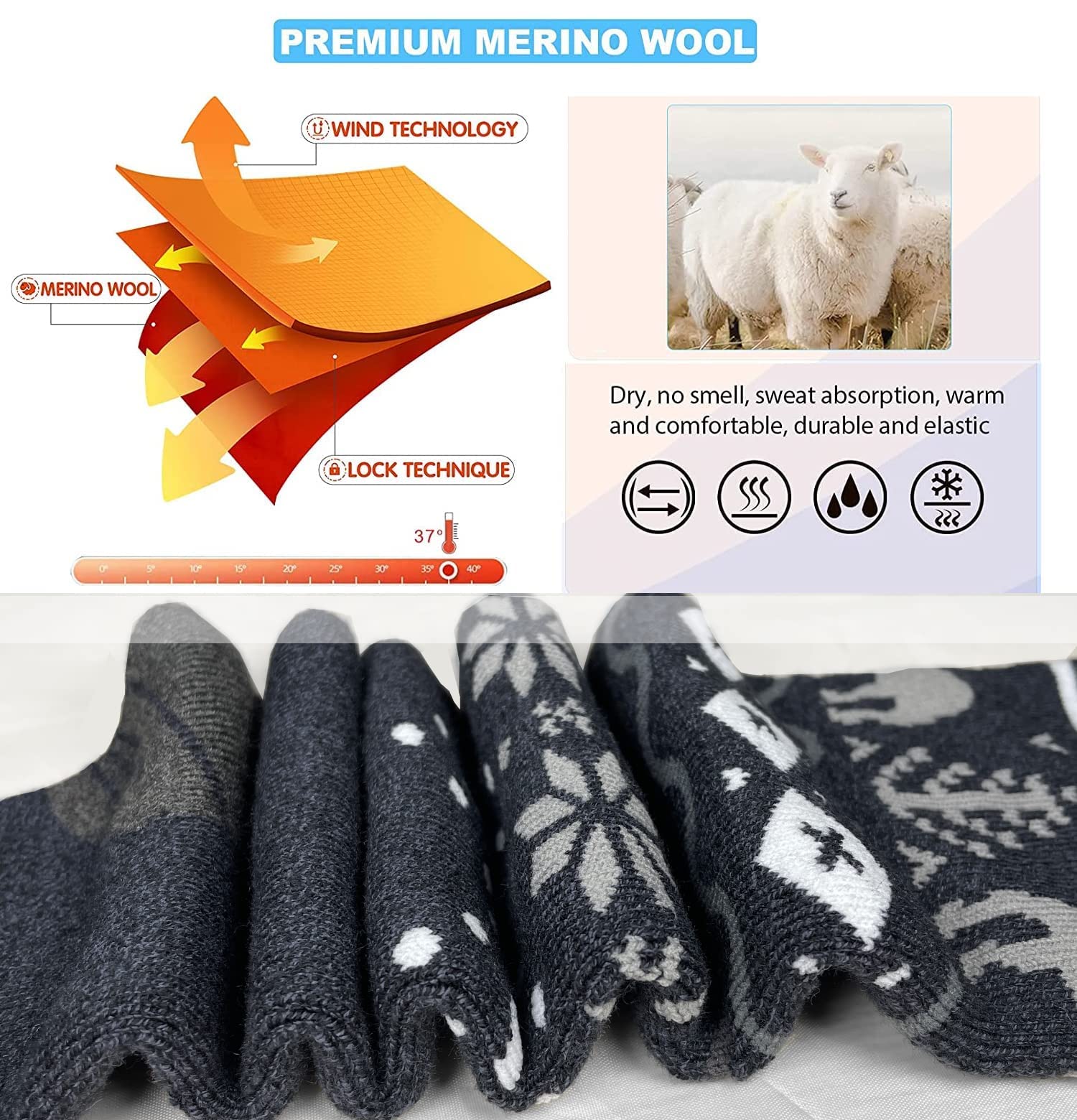 Lot de 2 paires de chaussettes de ski pour homme et femme - En laine mérinos Performance - Chaussettes de sport chaudes - Chaussettes thermiques pour filles et garçons - Pour le ski, le