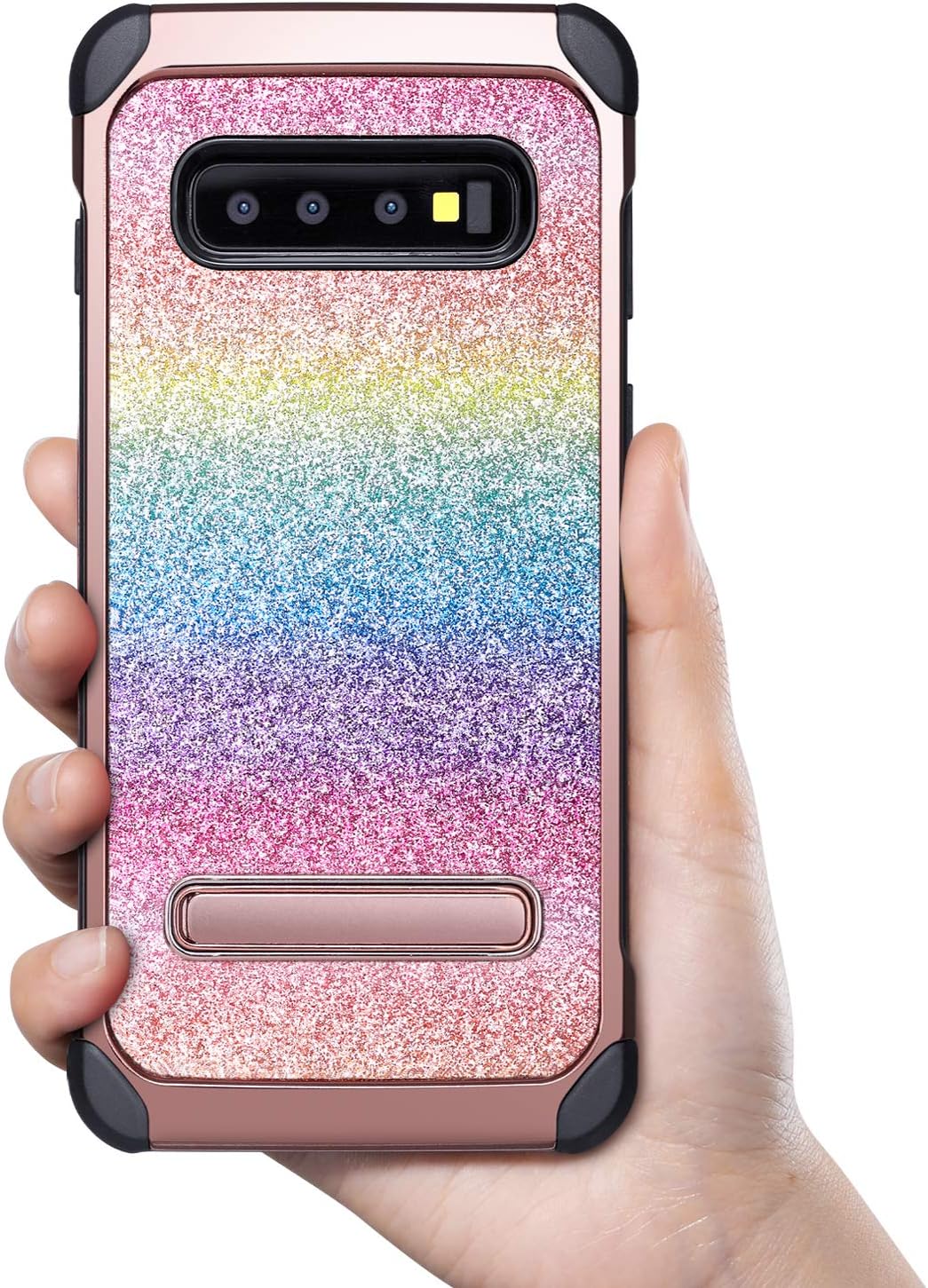 UARMOR Case for Samsung Galaxy S10, Galaxy S10 Case, Luxury Colorful Glitter Bling Rugged Shockproof Stand Hybrid Sparkly Shiny Faux Leather Chrome Hard Case Cover for Samsung Galaxy S10, Rainbow