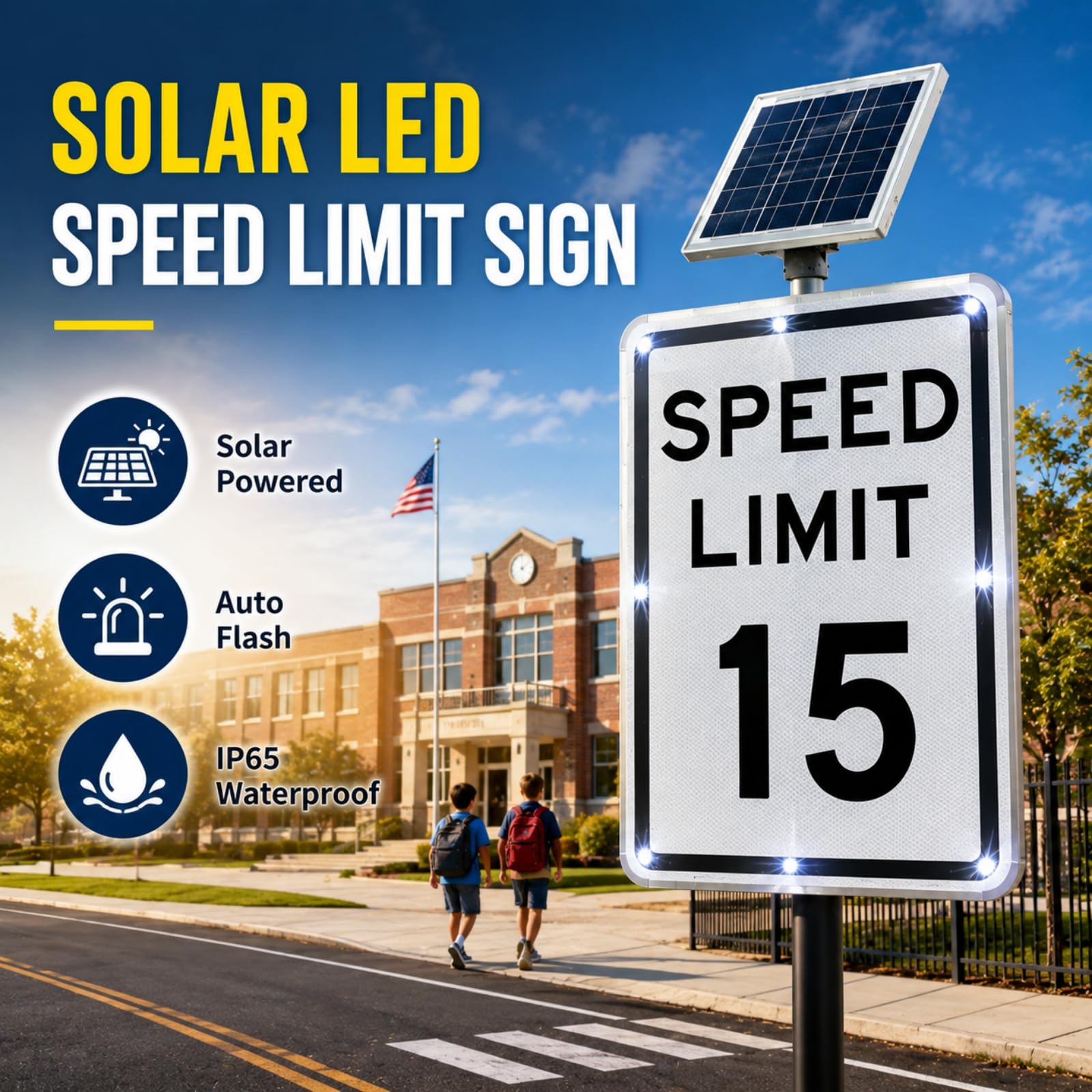 Solarny znak ograniczenia prędkości ze światłami LED, odblaskowy znak drogowy na drogi szkolne i tereny przemysłowe, 40 km/h