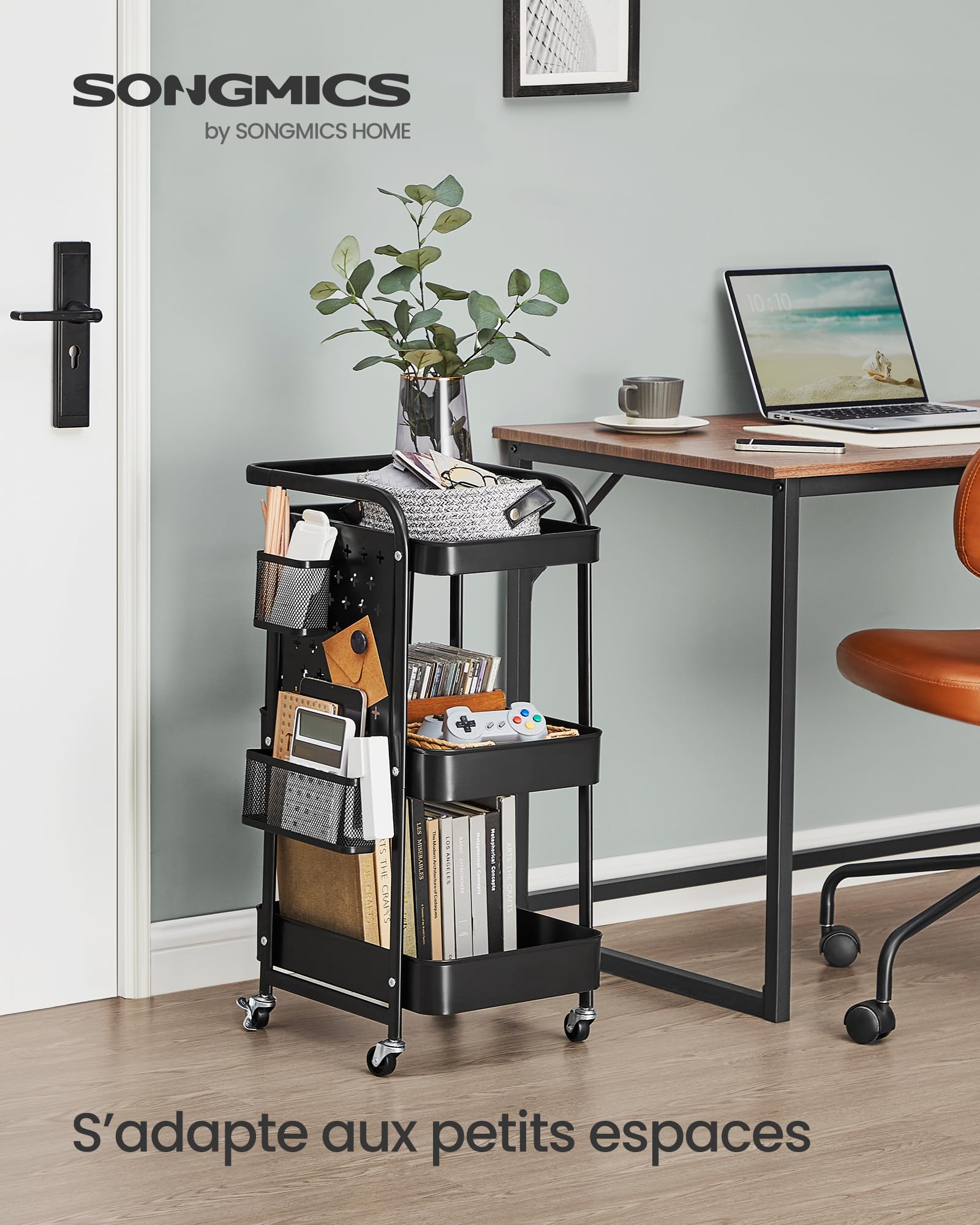 SONGMICS Chariot de Rangement, 3 Plateaux en Maille Métallique, 2 Panneaux Perforés Amovibles, 2 Supports Suspendus, 4 Crochets, pour Bureau, Cuisine, Salon, Salle de Bain, Noir d’Encre LRC037B01