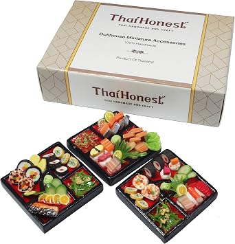 مجموعة مختلطة 3 Dollhouse Miniature Sushi Bento ، طعام صغير ، مقتنيات