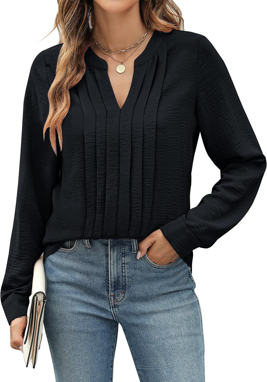 Blooming Jelly Women's Dressy Casual Top Business Work Shirt Long Sleeve V Neck Pleated Blouse Fall Outfits 2024