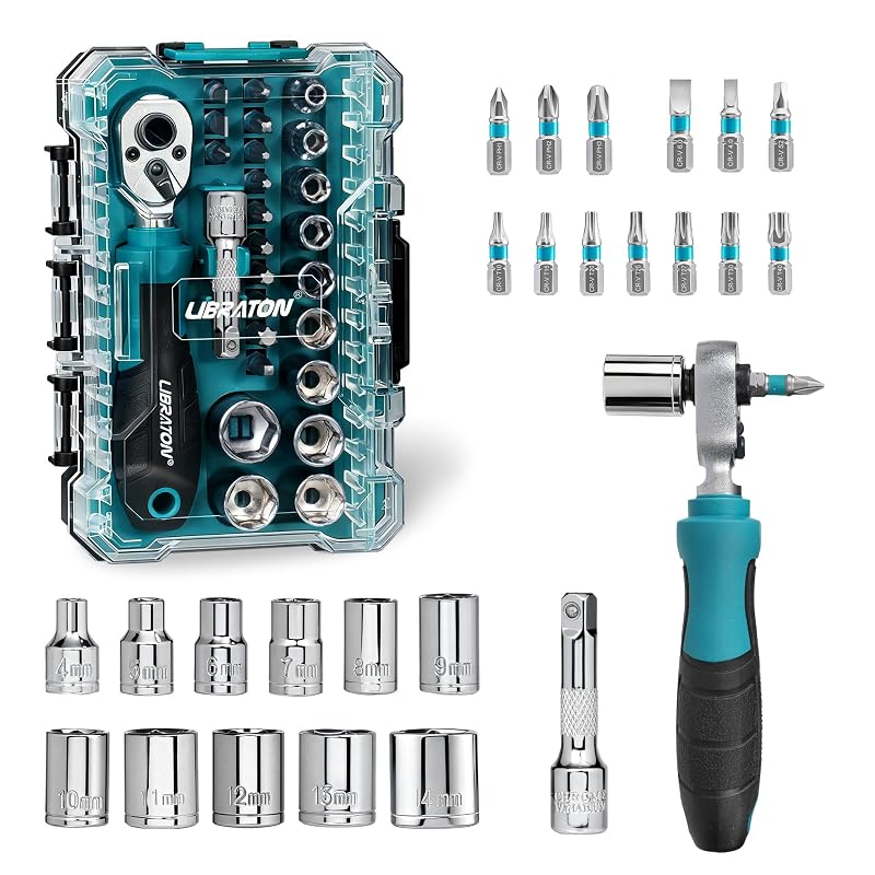Kit de soquetes e bits com chave catraca reversível LIBRATON, encaixe de 1/4 pol. (6,35 mm), 26 peças
