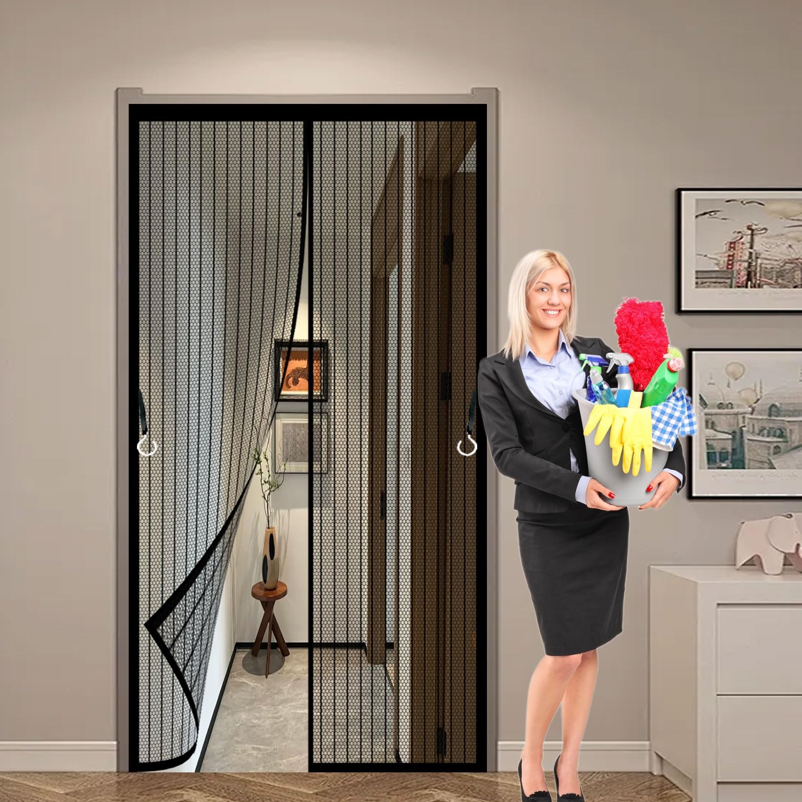 Fliegengitter Tür 174 x 248 cm Extra Starke Magnete Magnet-Verschluss Insektenschutzgitter mit Selbstklebendes Klettband für Kellertür Balkontür, Schwarz