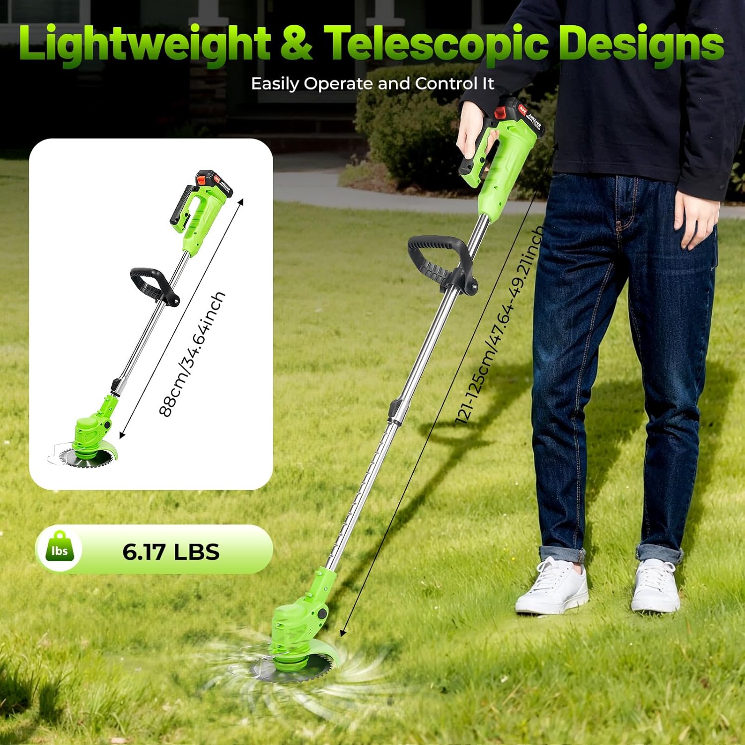 Cordless Grass Trimmer & Edger, 24V Lithium Ion Battery Powered Weed Wacker with Auxiliary Wheels, Adjustable Telescopic Pole, 90° Flip Head, 6" Blade, Lightweight Lawn Mower for Garden Lawn Yard