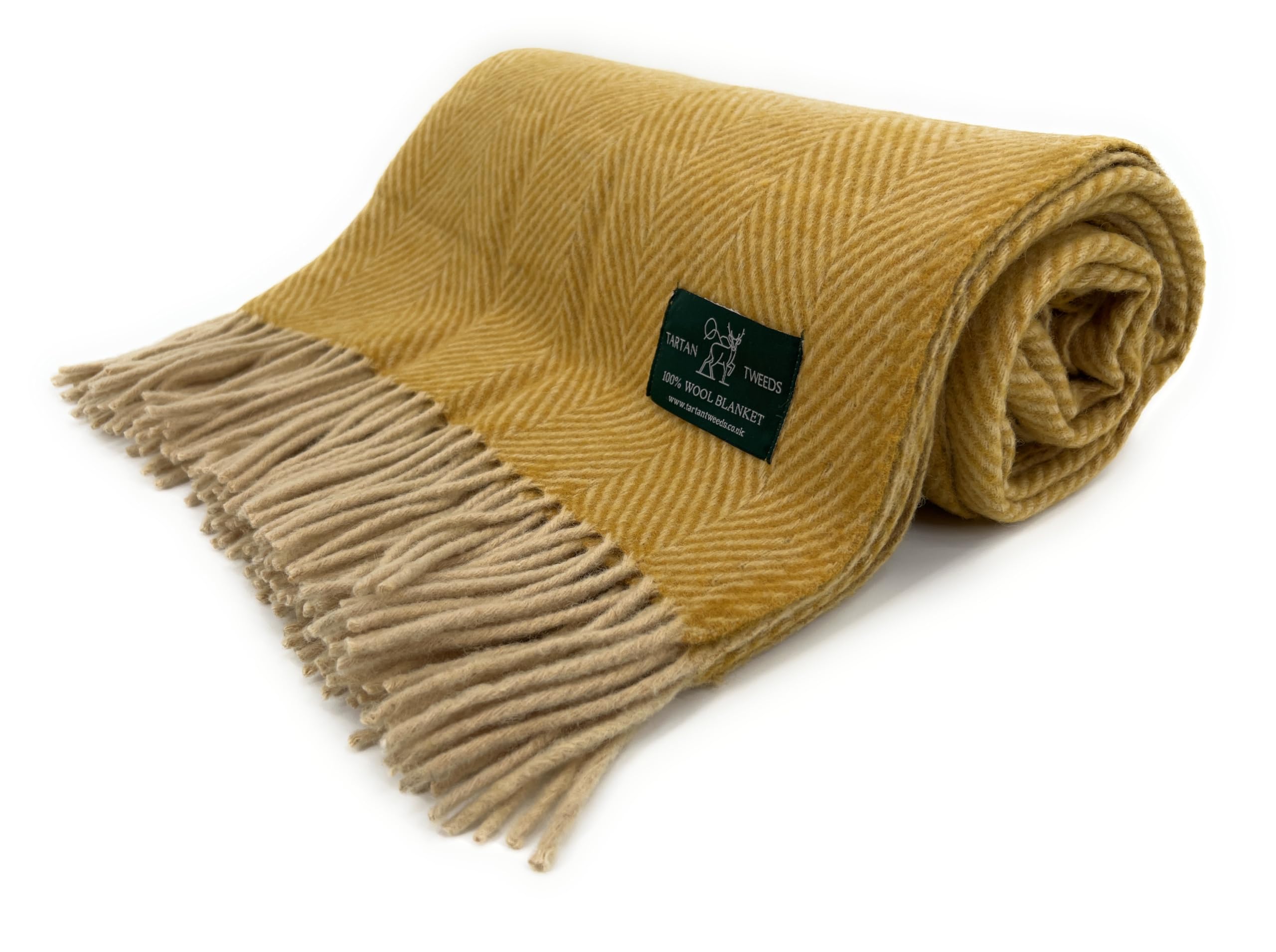 Herringbone Wool Full Size Blanket Throw, Travel Size (Mustard)