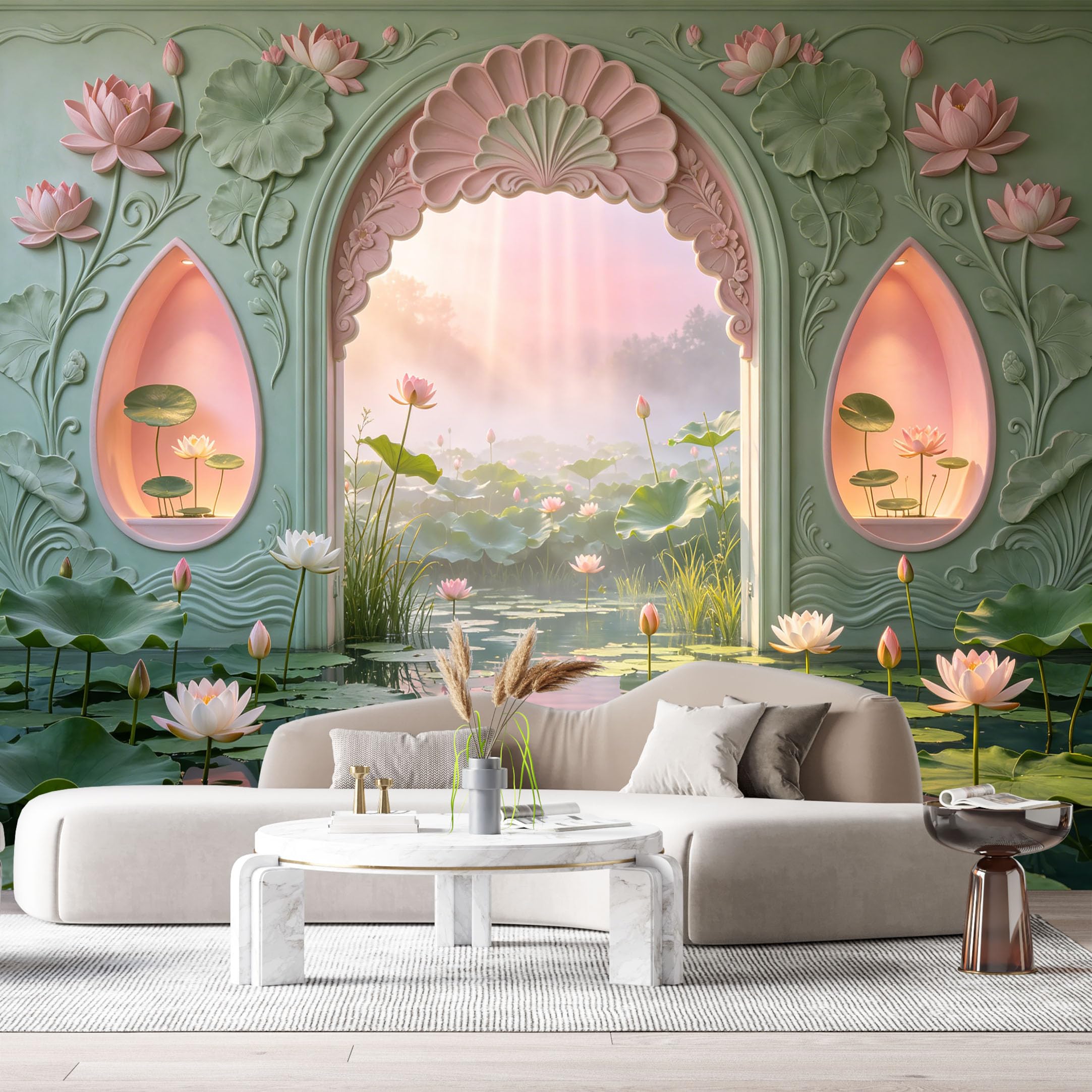 Custom Size Wall Murals Pastel Lotus Pond Ethereal Archway Watercolor 3D Trompe L'Oeil SelfAdhesiveWall Fabric Removable Wallpaper Wall Decor for Living Room Bedroom Bathroom