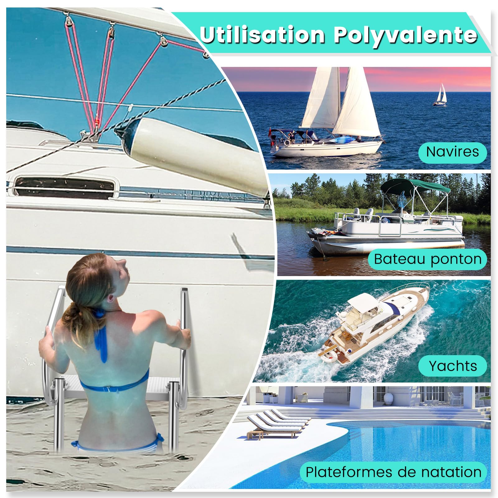 GOPLUS - Escalera de plataforma de 3 escalones de fibra de vidrio, escalera telescópica de acero inoxidable plegable para barco pontón con 2 rampas, pasos antideslizantes, para yate