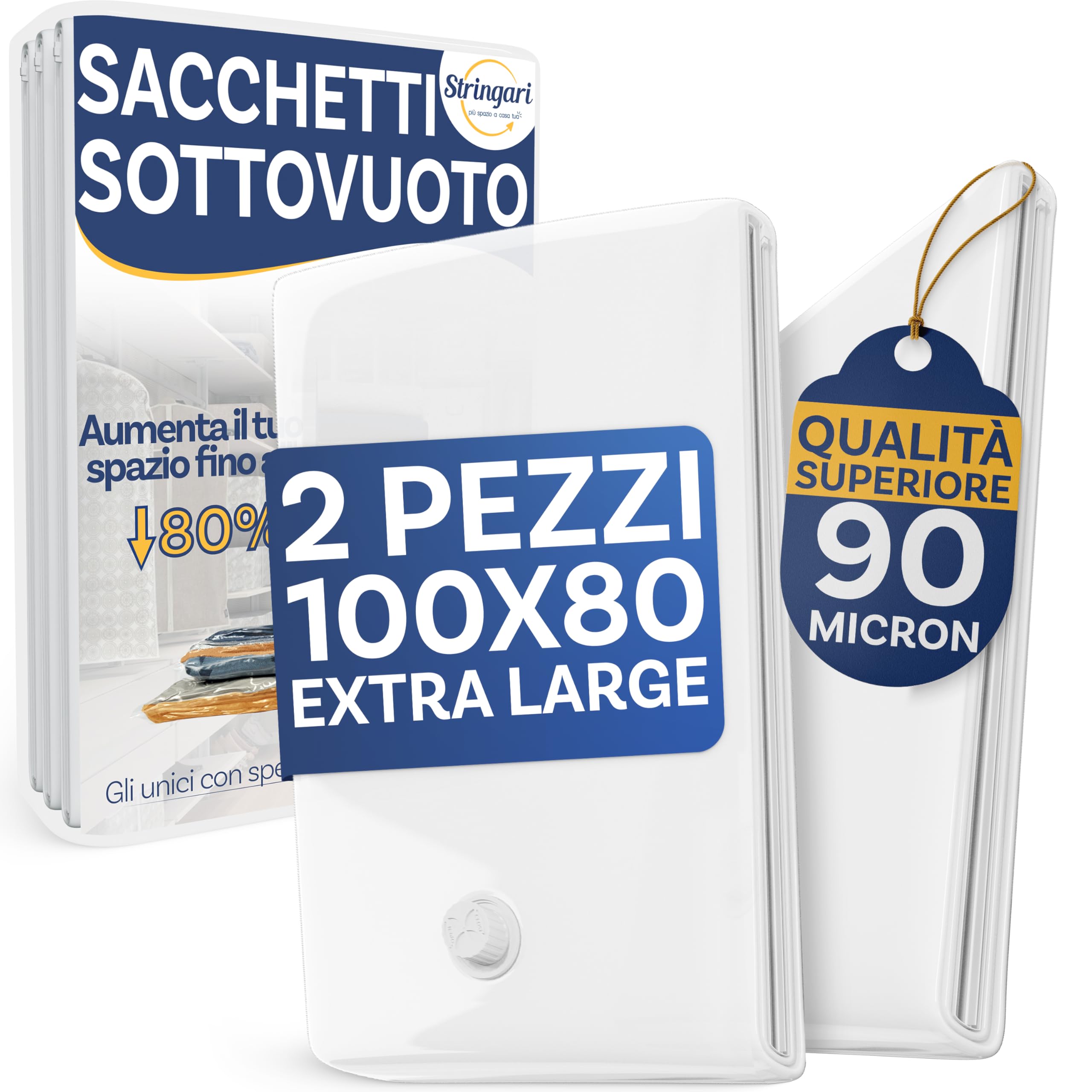 Stringari 2 Sacchi XL 100x80 - Sacchetti Sottovuoto Vestiti - Buste di Qualità Superiore per Piumoni - 1