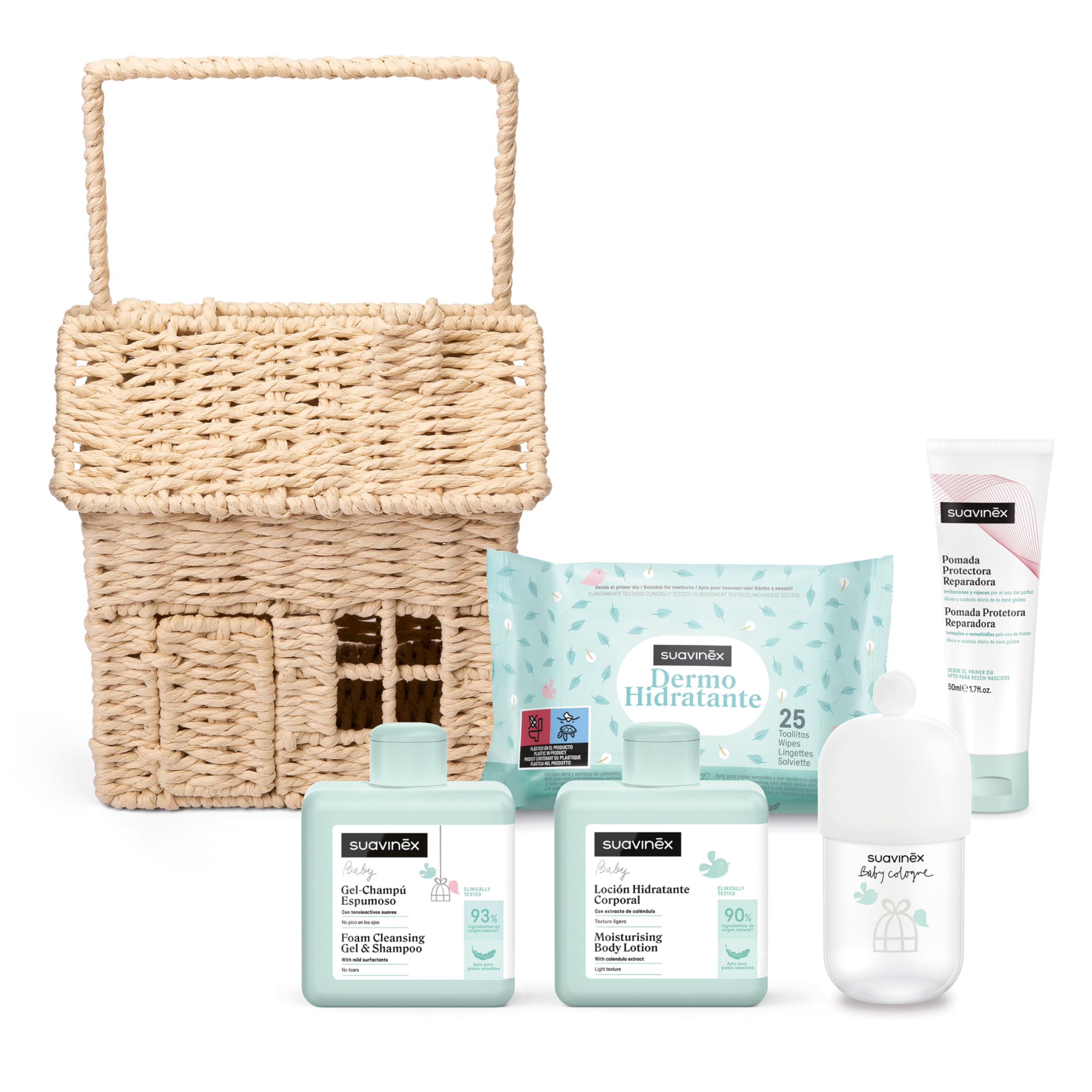 Suavinex, Regalo Bebé Recien Nacido, Canastilla Bebé con Maleta de Mimbre en Forma de Casita. Incluye: Baby Cologne 100 ml + Gel - Champú Espumoso + Loción Corporal + Pomada del Pañal + Toallitas