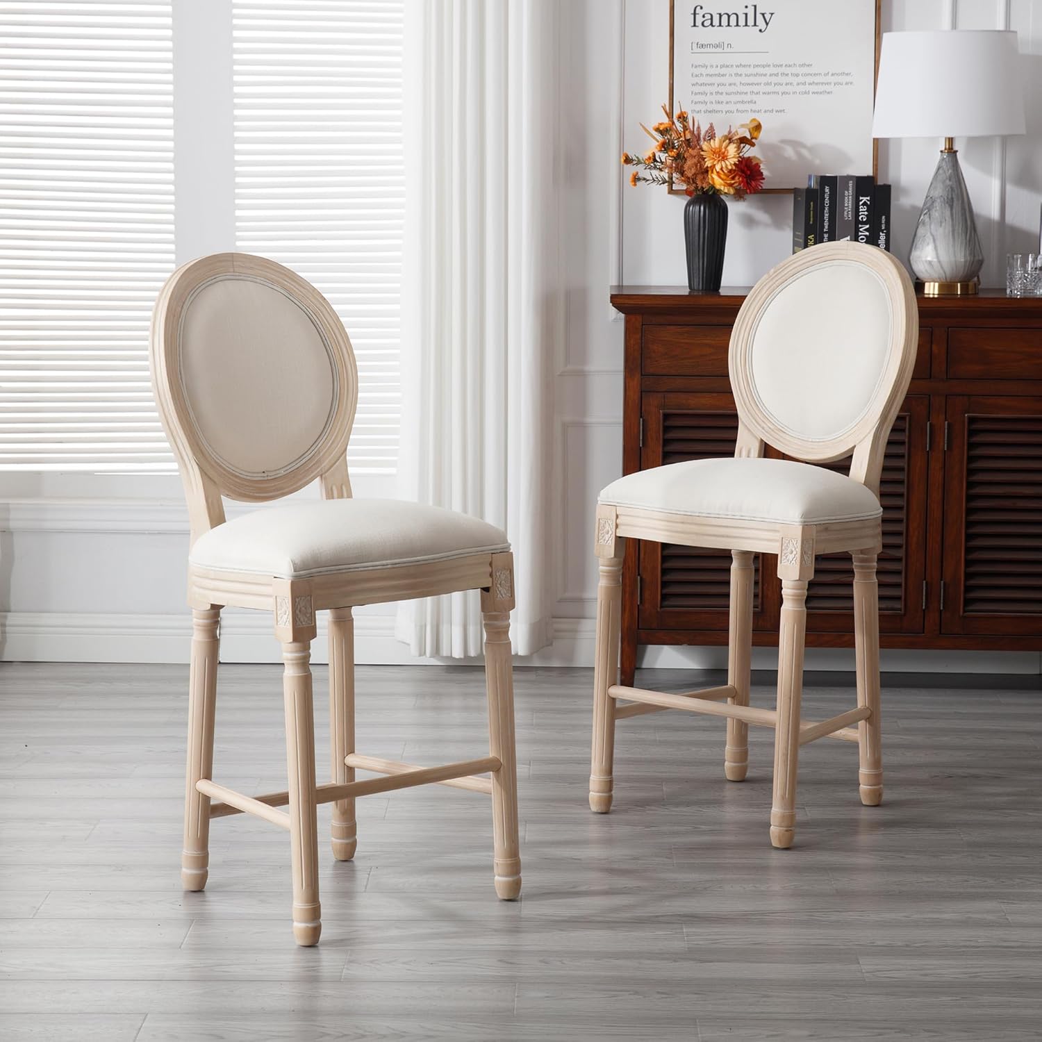 Solid Wood Bar stools Set of 2, Classic French Country Wooden Barstools with Upholstered Seating, 26” Kitchen Bar Stool for Bar Counter (Rattan - Beige, 26")