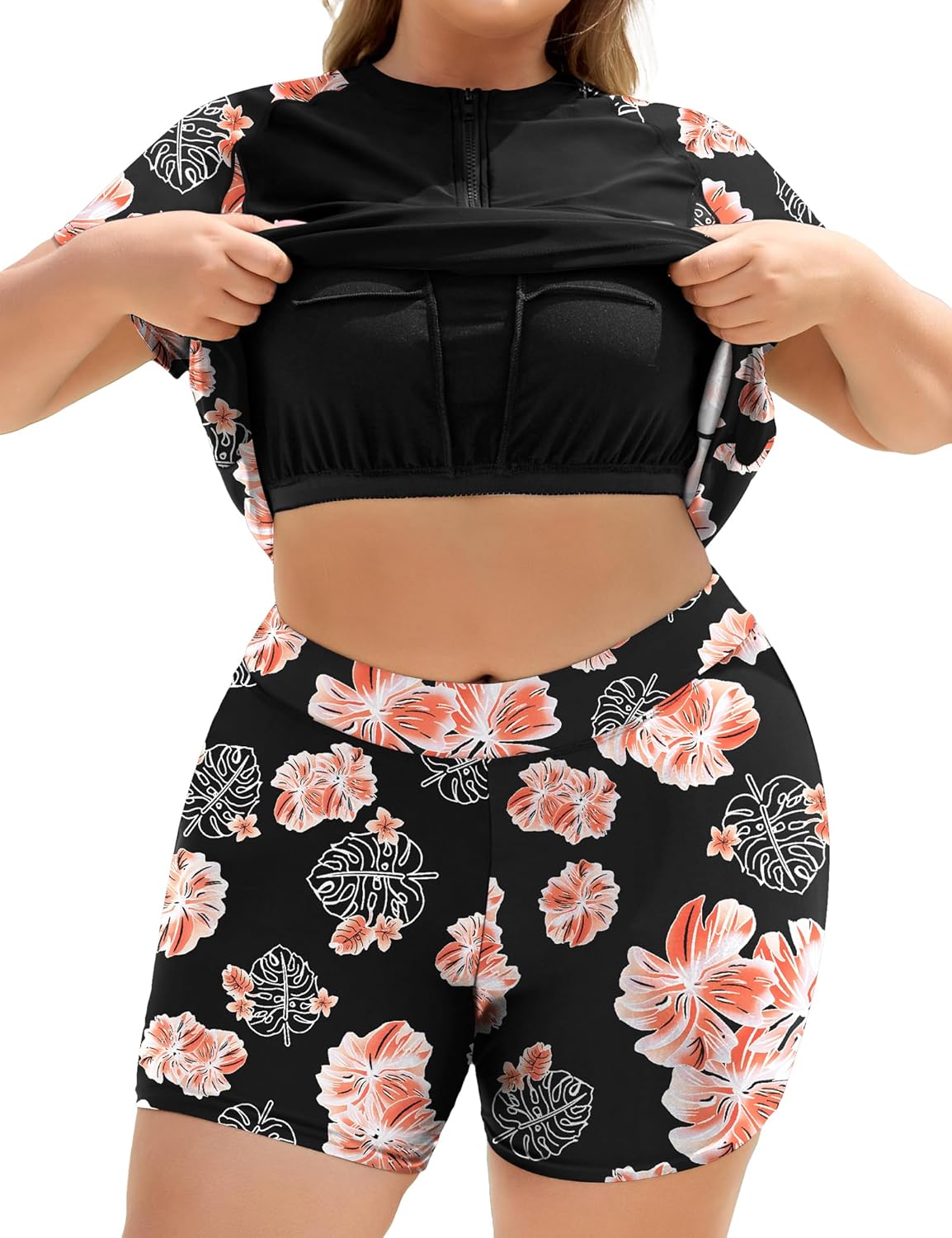 COOTRY Plus Size Two Piece Rash Guard Women Short Sleeve Bathing Suit Zip Up Swimsuit Built in Bra Swim Suit Swimwear Orange Floral 2XL - Image 2