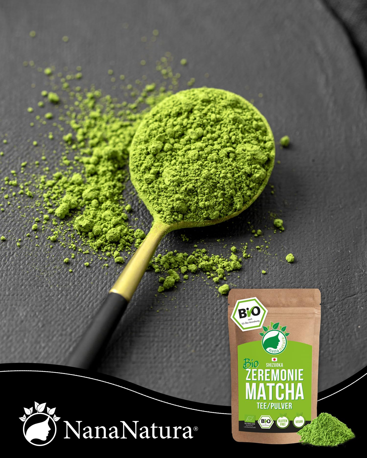 Bio Zeremonie Matcha Tee Pulver aus SHIZUOKA Japan 100g | Ceremonial Grade 1. Ernte | handgepflückt & per Granitsteinmühle zu Grüntee-Pulver vermahlen | für die Teezeremonie