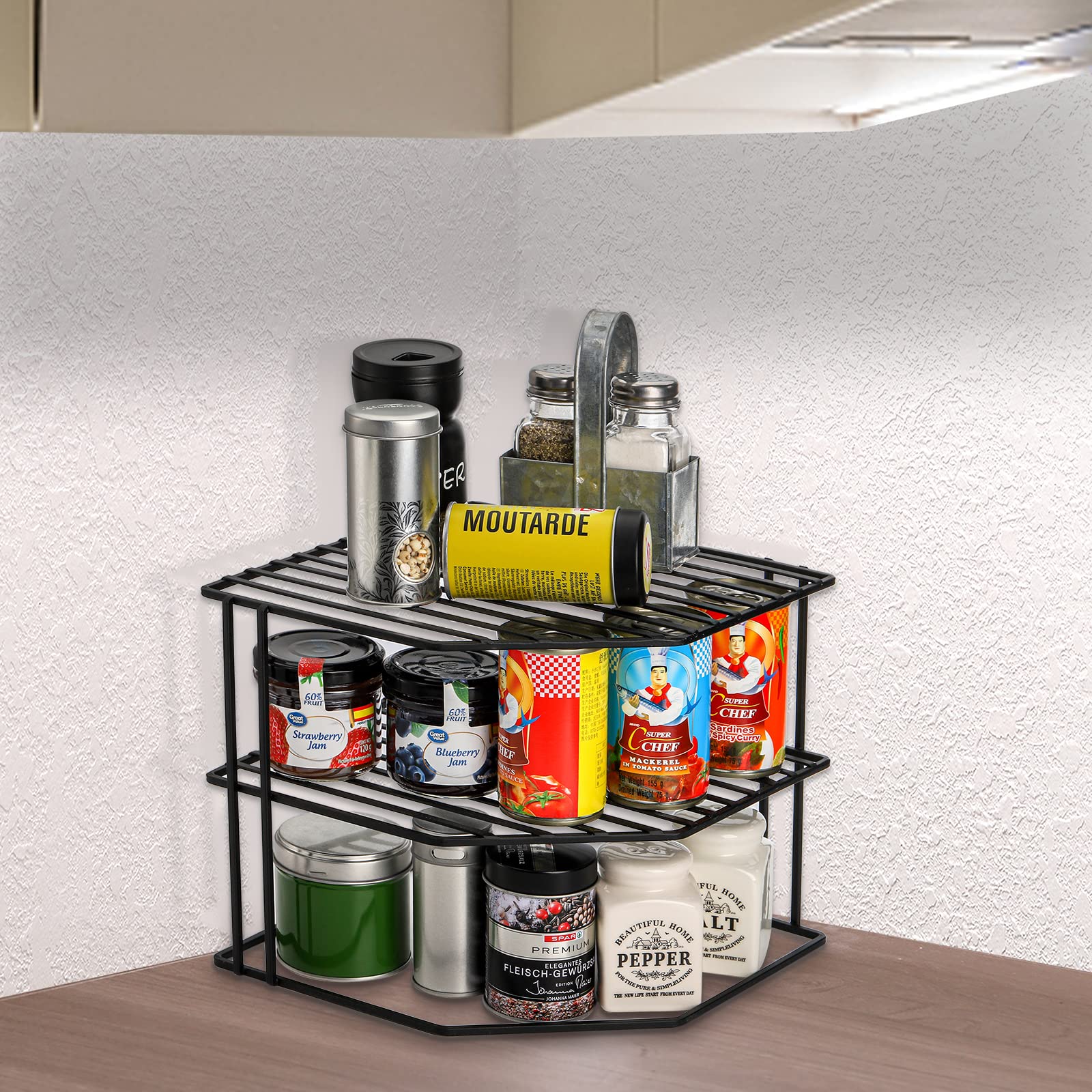 Estante de esquina de cocina de 3 niveles, organizador de armario y mostrador de cocina, 9 x 9 x 7.5 pulgadas, alambre de metal, organizador de armario de despensa y estante de almacenamiento 8