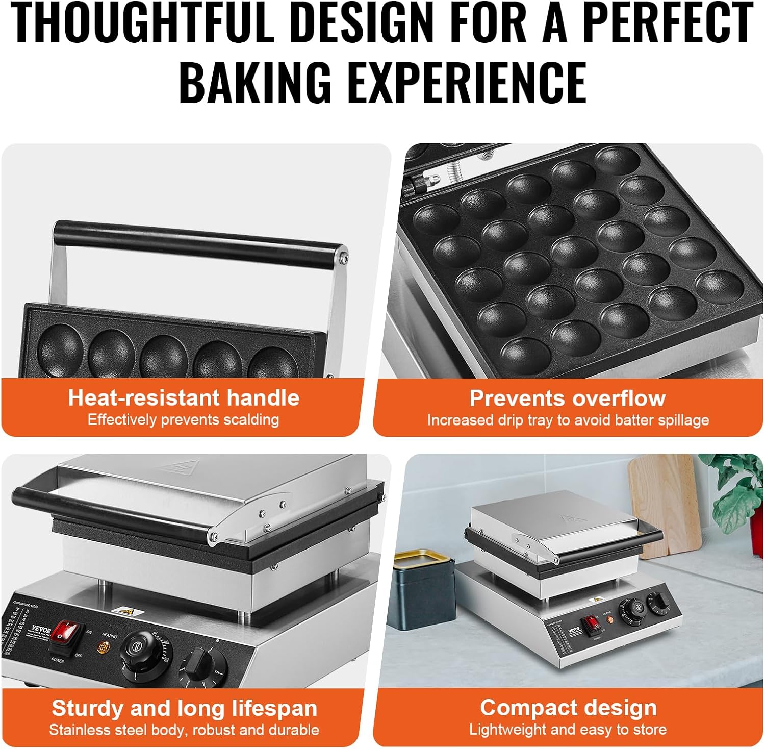 VEVOR Mini Dutch Pancake Maker, 25PCS 43mm Diameter Dorayaki Baker Machine, 1700W Commercial Electric Poffertjes Grill, Non-stick Stainless Steel, Temp & Time Control, for Home Kitchen Restaurant