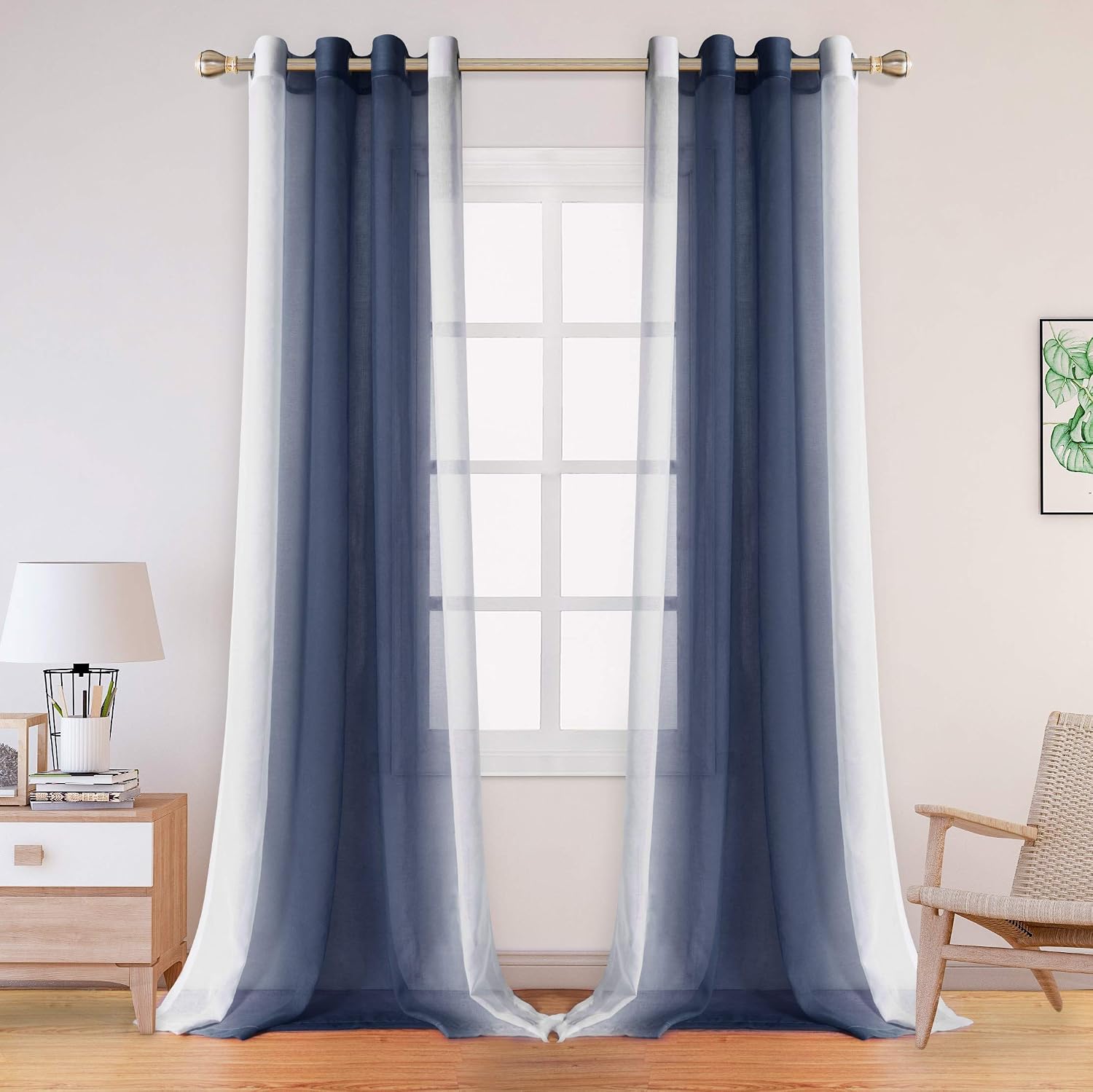 LORDTEX Faux Linen Ombre Sheer Curtains for Bedroom - Voile Semi Sheer Curtains Grommet Top Gradient Curtains for Living Room, Set of 2 Panels, Navy, 52 x 84 Inch