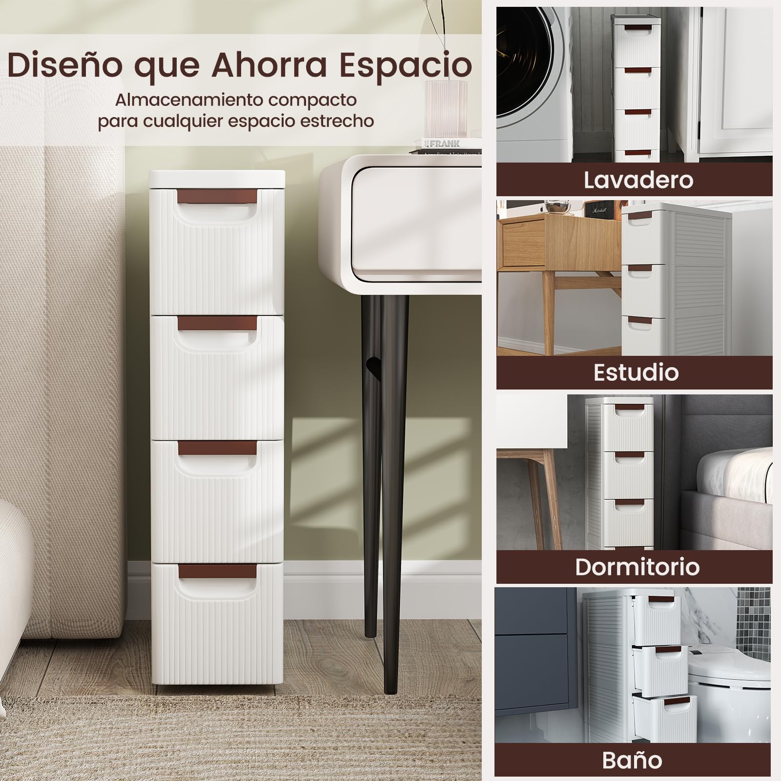 GIANTEX Cajonera Estrecha con Ruedas con 4 Cajones, Mueble de Almacenamiento de Plástico para Espacios Pequeños, Organizador para Baño, Dormitorio, Salón (42 x 19 x 74 cm)